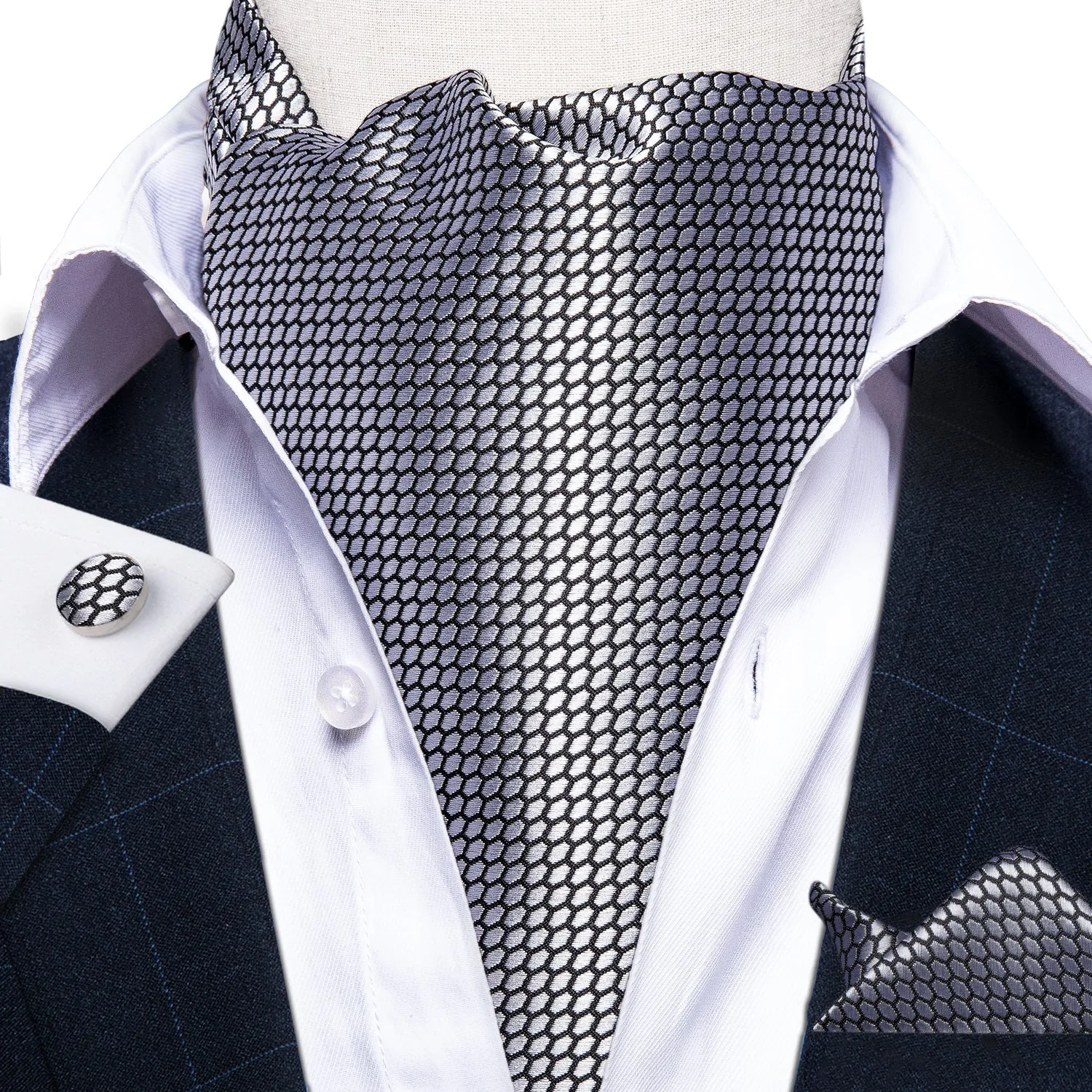 Silver Gray Solid Silk Cravat Woven Ascot Tie Pocket Square Handkerchief Set sold by Ties2You