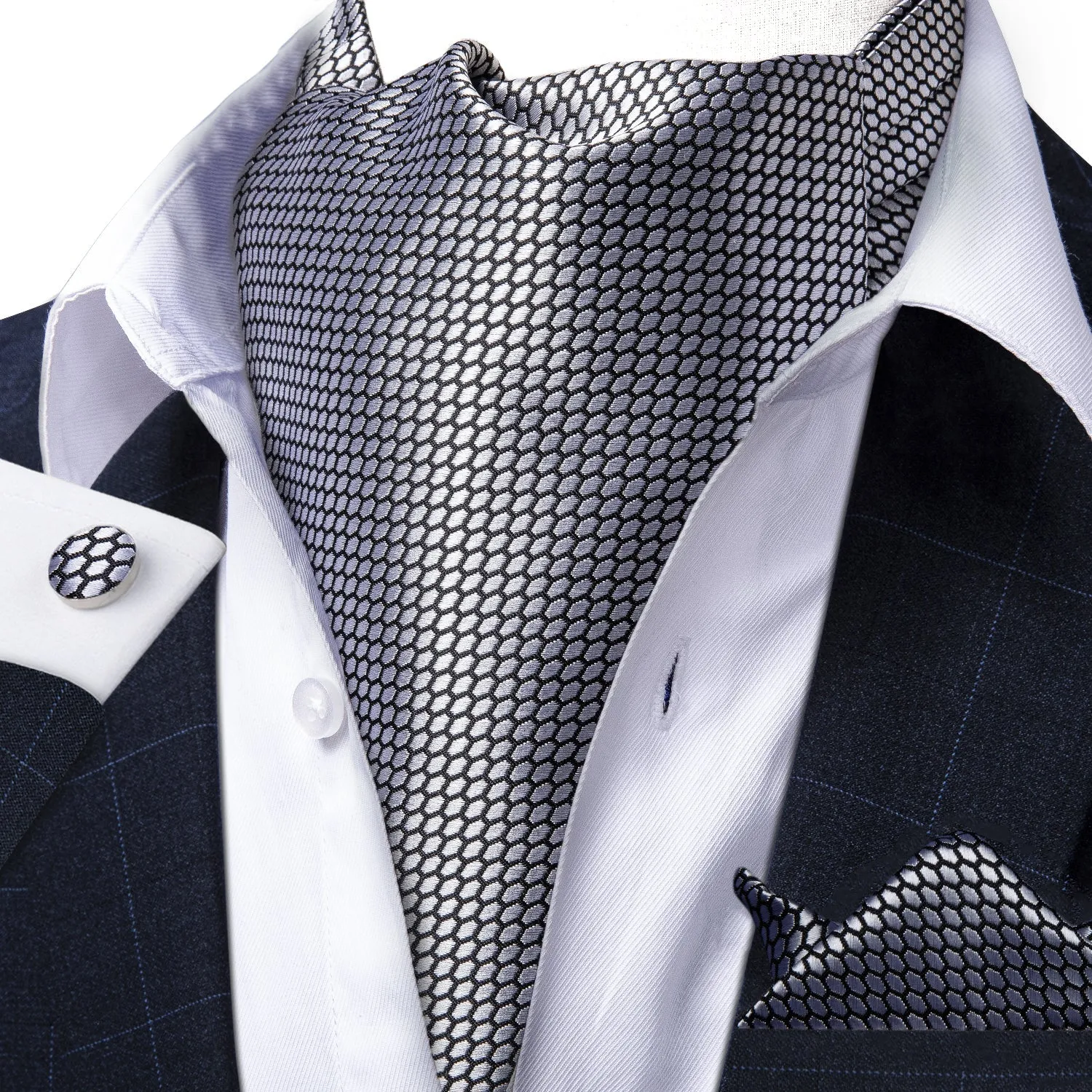 Silver Gray Solid Silk Cravat Woven Ascot Tie Pocket Square Handkerchief Set sold by Ties2You product image thumbnail 2