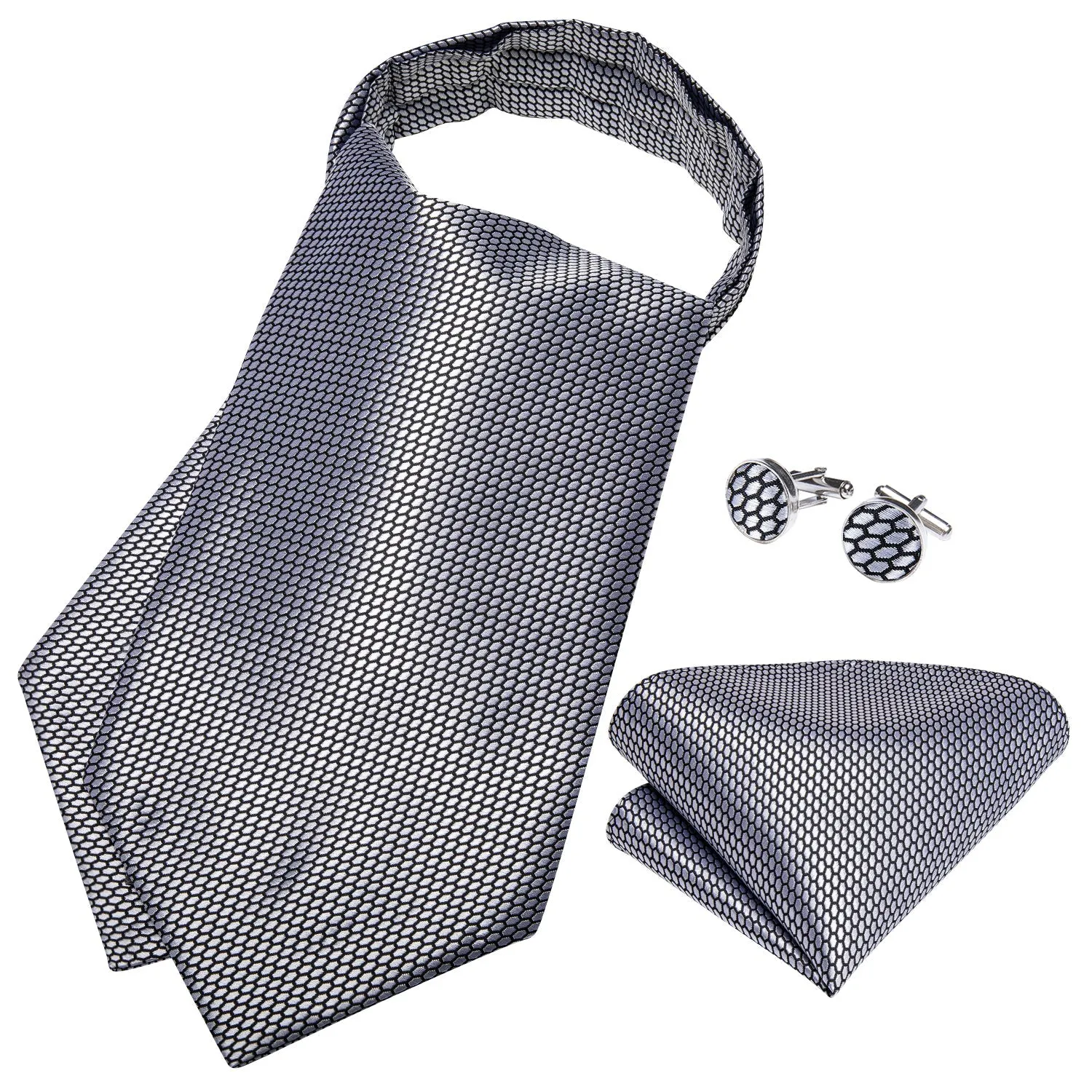 Silver Gray Solid Silk Cravat Woven Ascot Tie Pocket Square Handkerchief Set sold by Ties2You product image thumbnail 3