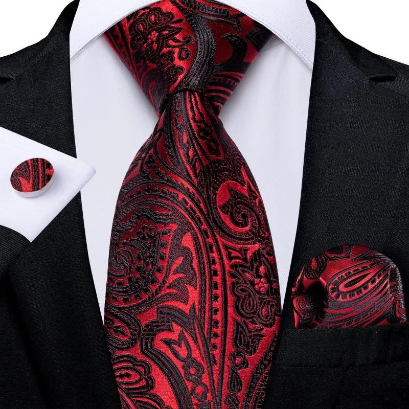 Red Black Paisley Tie Pocket Square Cufflinks Set sold by Ties2You