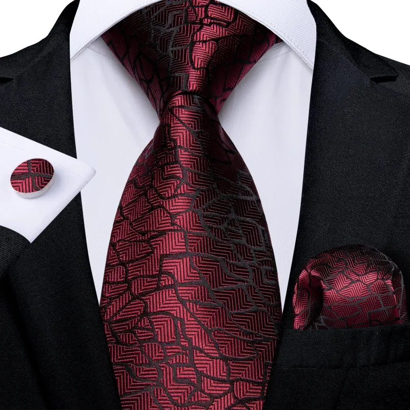 Ties2you Burgundy Tie Crack Novelty Men's Silk Necktie Pocket Square Cufflinks Set sold by Ties2You