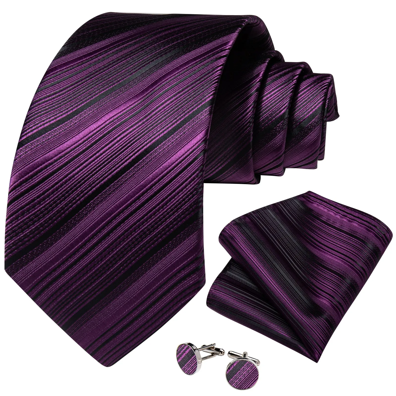 Black Purple Striped Necktie Pocket Square Cufflinks Set sold by Ties2You product image thumbnail 2