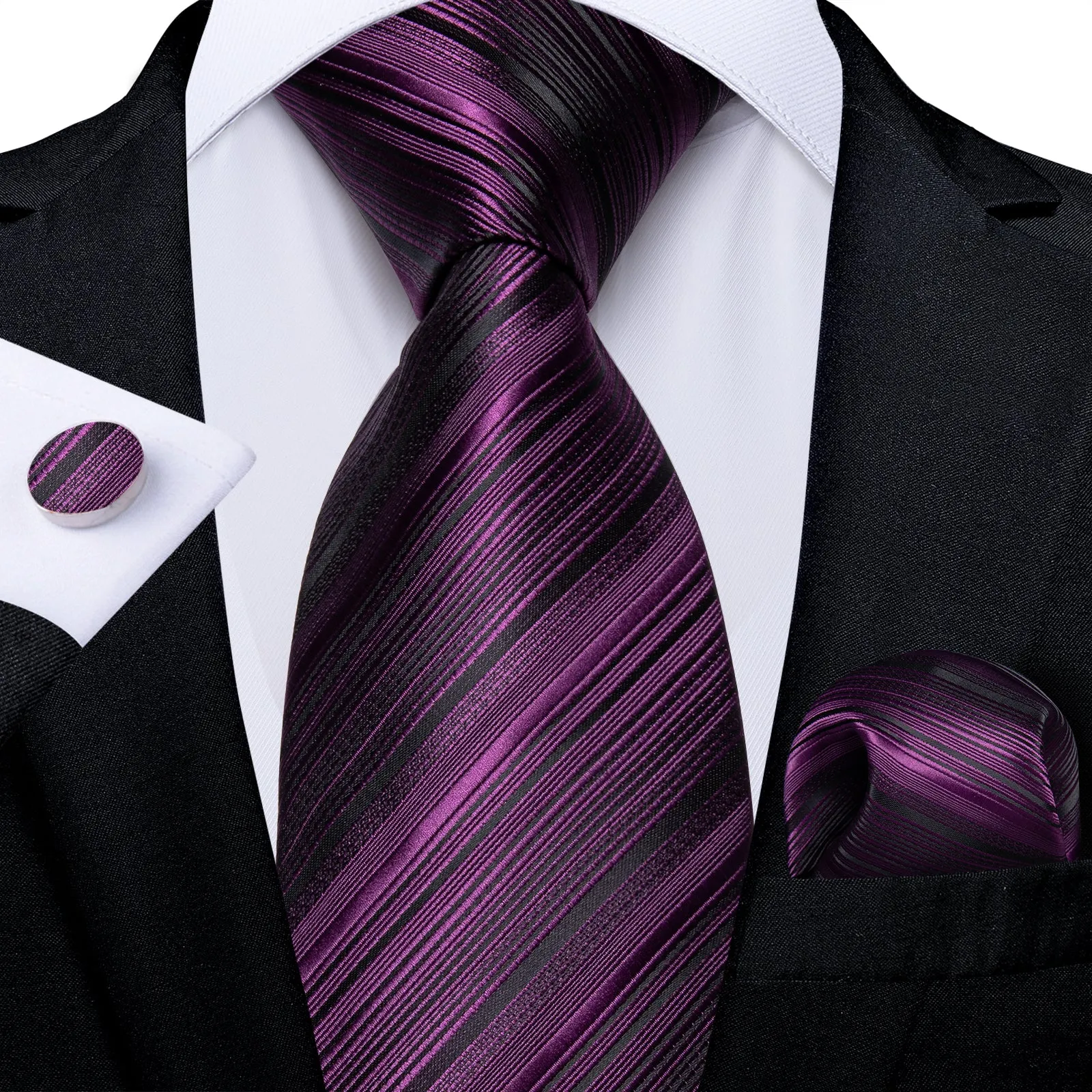 Black Purple Striped Necktie Pocket Square Cufflinks Set sold by Ties2You