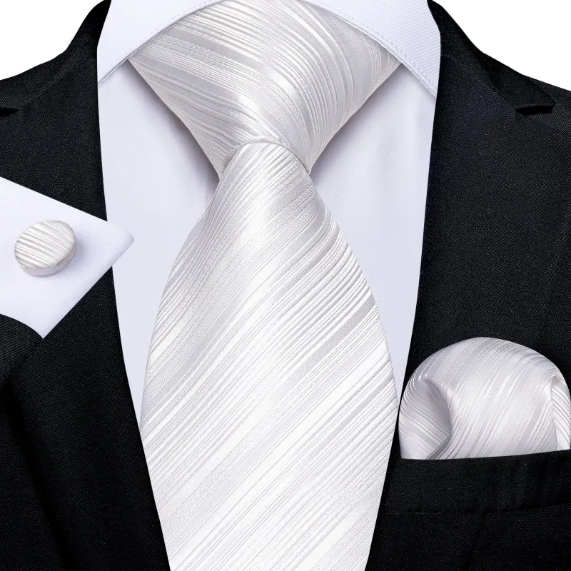 Silver White Striped Necktie Pocket Square Cufflinks Set sold by Ties2You