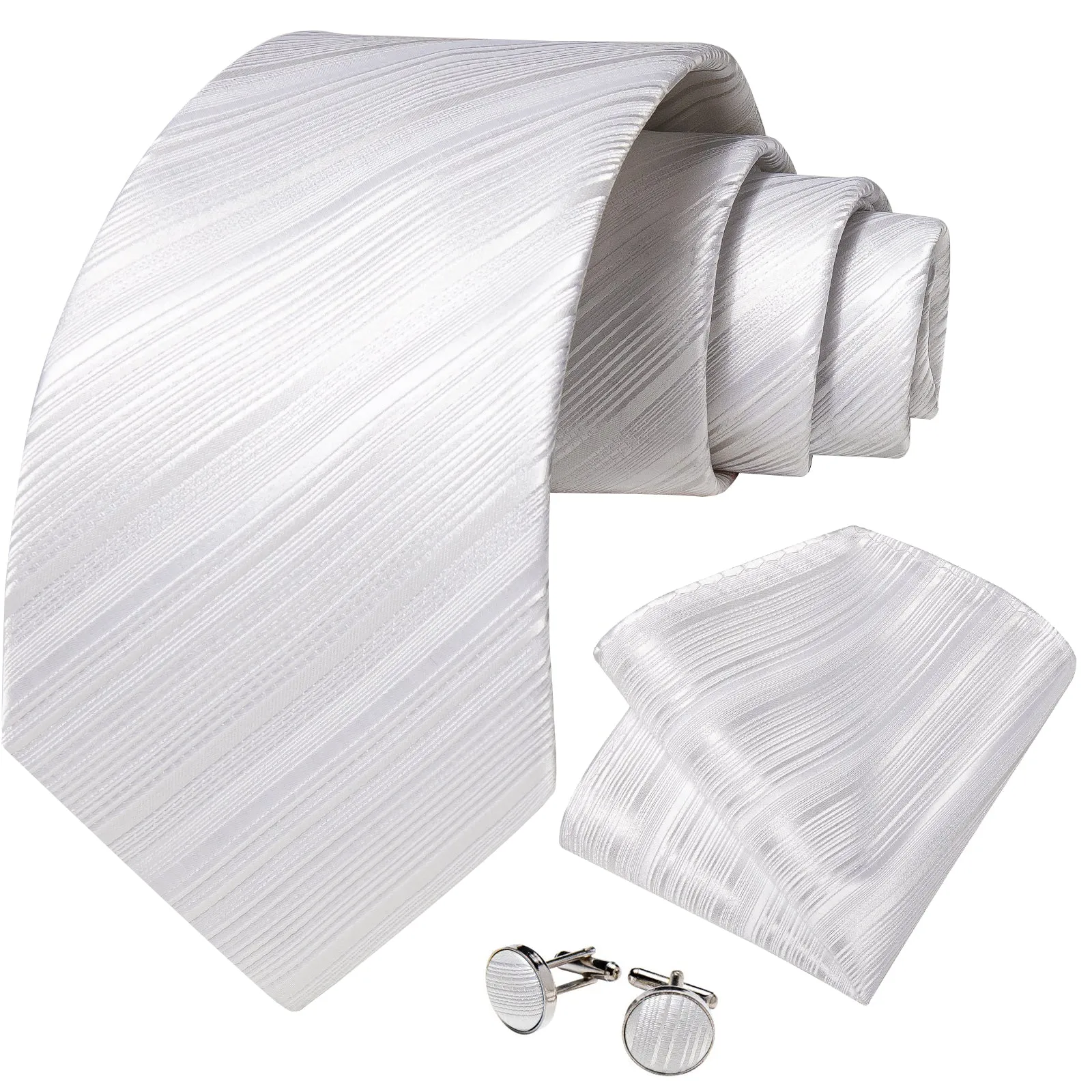 Silver White Striped Necktie Pocket Square Cufflinks Set sold by Ties2You product image thumbnail 2