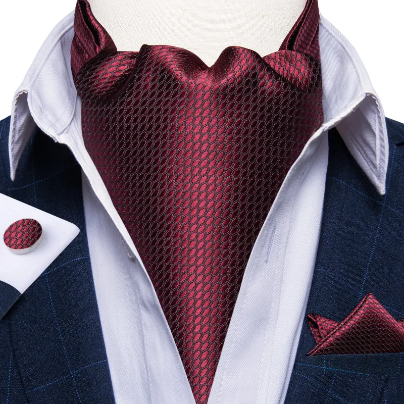 Ties2you Red Tie Wine Polka Dot Silk Ascot Cravat Tie Pocket Square Cufflinks Set made by Ties2You