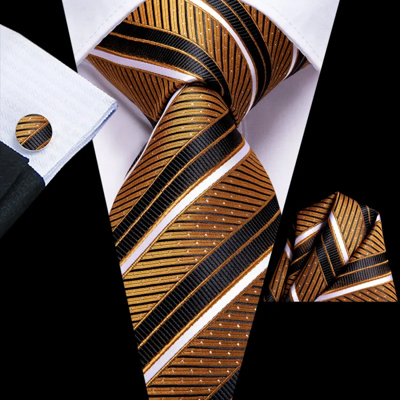 Golden Black Striped Necktie Pocket Square Cufflinks Set sold by Ties2You