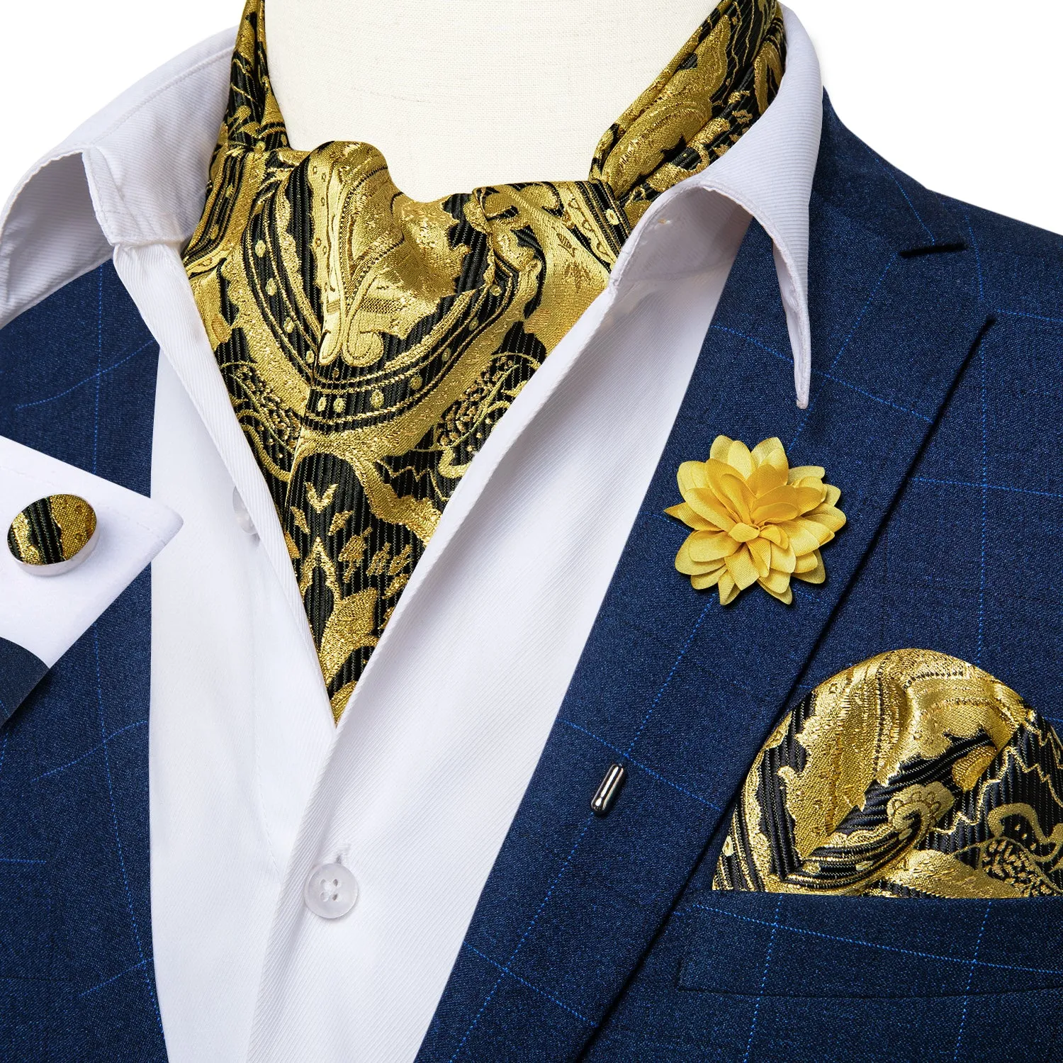 Black Yellow Floral Silk Ascot Cravat Pocket Square Cufflinks Set With Lapel Pin sold by Ties2You product image thumbnail 2