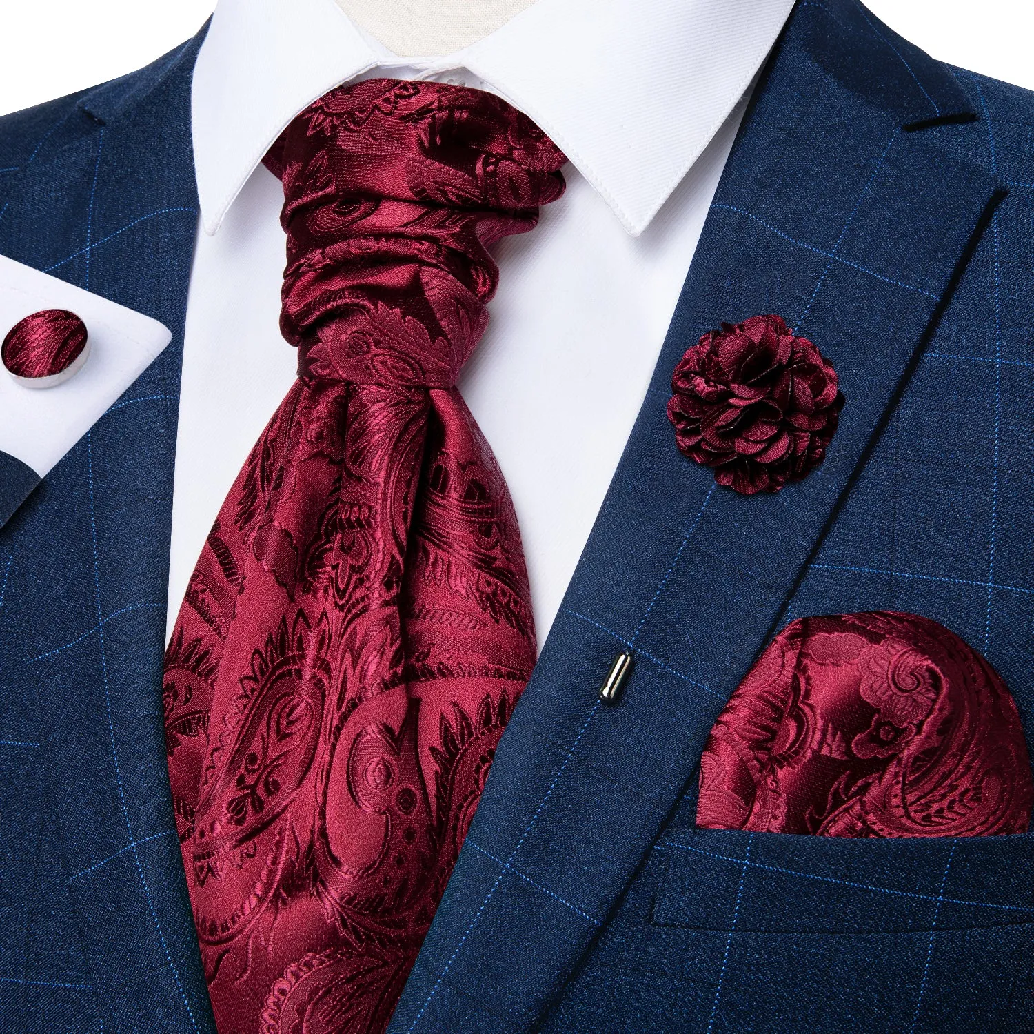 Burgundy Floral Silk Ascot Cravat Pocket Square Cufflinks Set With Lapel Pin sold by Ties2You product image thumbnail 2