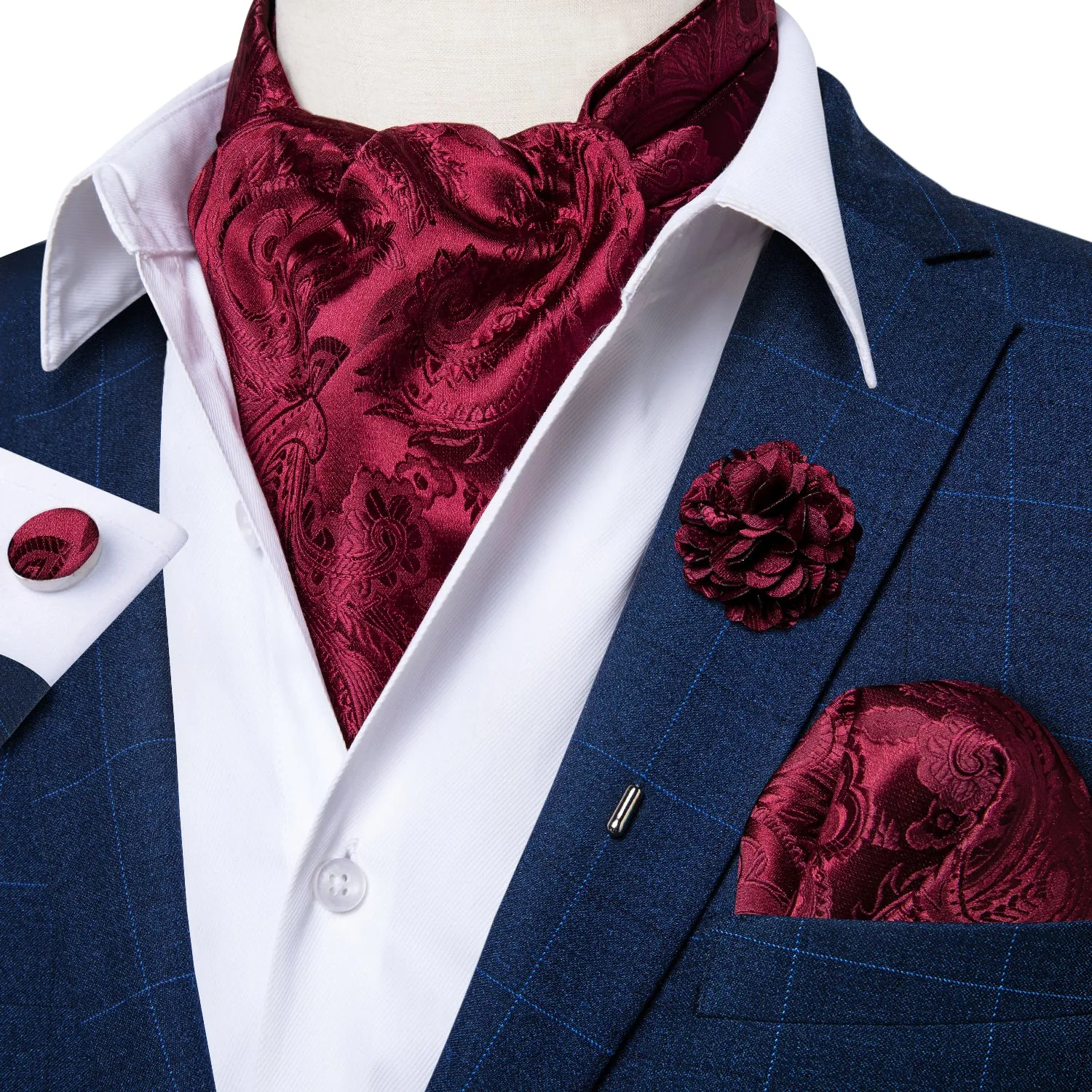 Burgundy Floral Silk Ascot Cravat Pocket Square Cufflinks Set With Lapel Pin sold by Ties2You product image thumbnail 3
