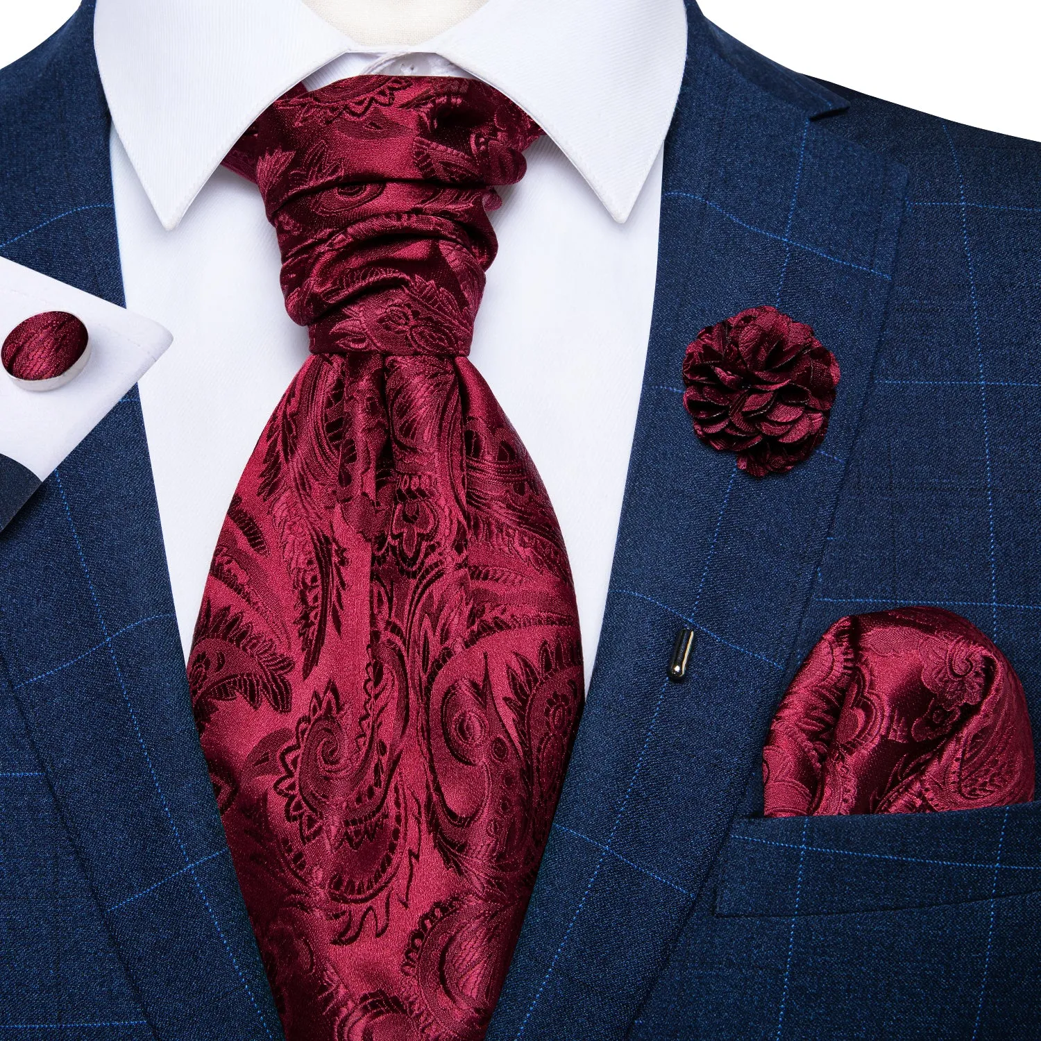 Burgundy Floral Silk Ascot Cravat Pocket Square Cufflinks Set With Lapel Pin sold by Ties2You