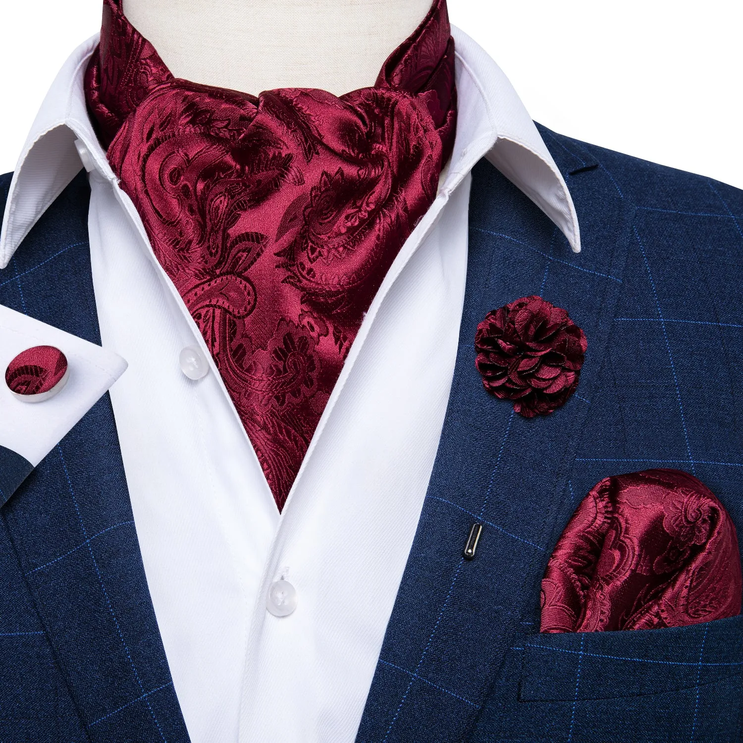Burgundy Floral Silk Ascot Cravat Pocket Square Cufflinks Set With Lapel Pin sold by Ties2You product image thumbnail 4