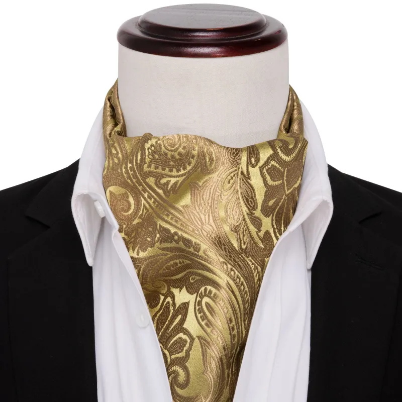 Champagne Brown Floral Silk Ascot Cravat Pocket Square Cufflinks Set sold by Ties2You