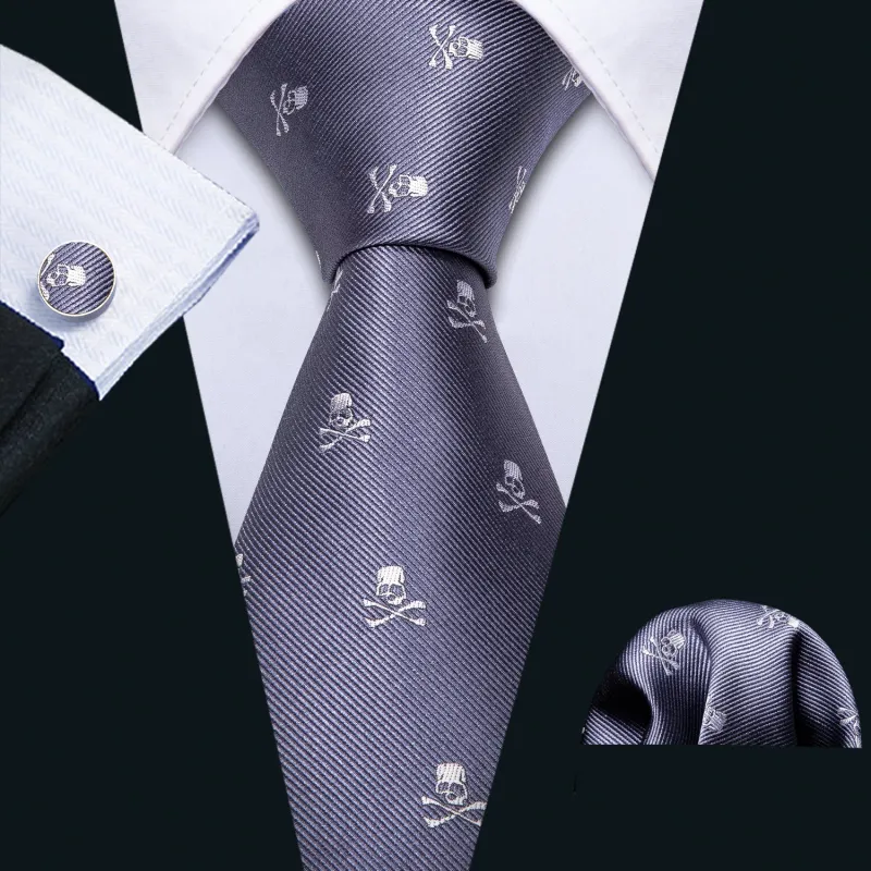 Silver Grey Skull Novelty Men's Tie Handkerchief Cufflinks Set sold by Ties2You