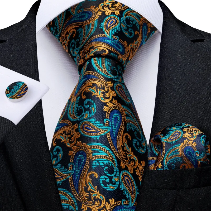 Golden Paisley Men's Tie Handkerchief Cufflinks Set sold by Ties2You