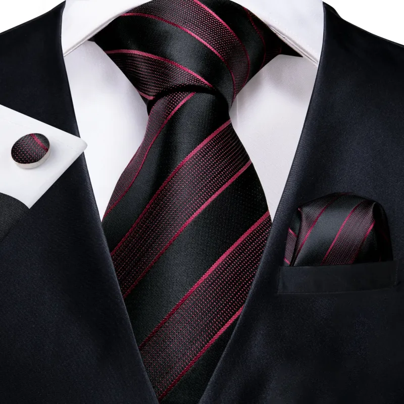 Black Dark Red Striped Men's Necktie Pocket Square Cufflinks Set 8cm sold by Ties2You