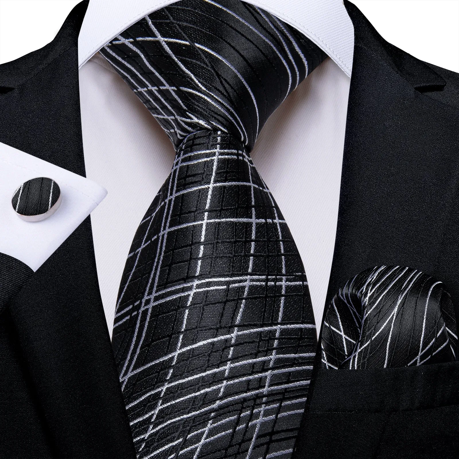 Black White Novelty Silk Men's Tie Hanky Cufflinks Set sold by Ties2You