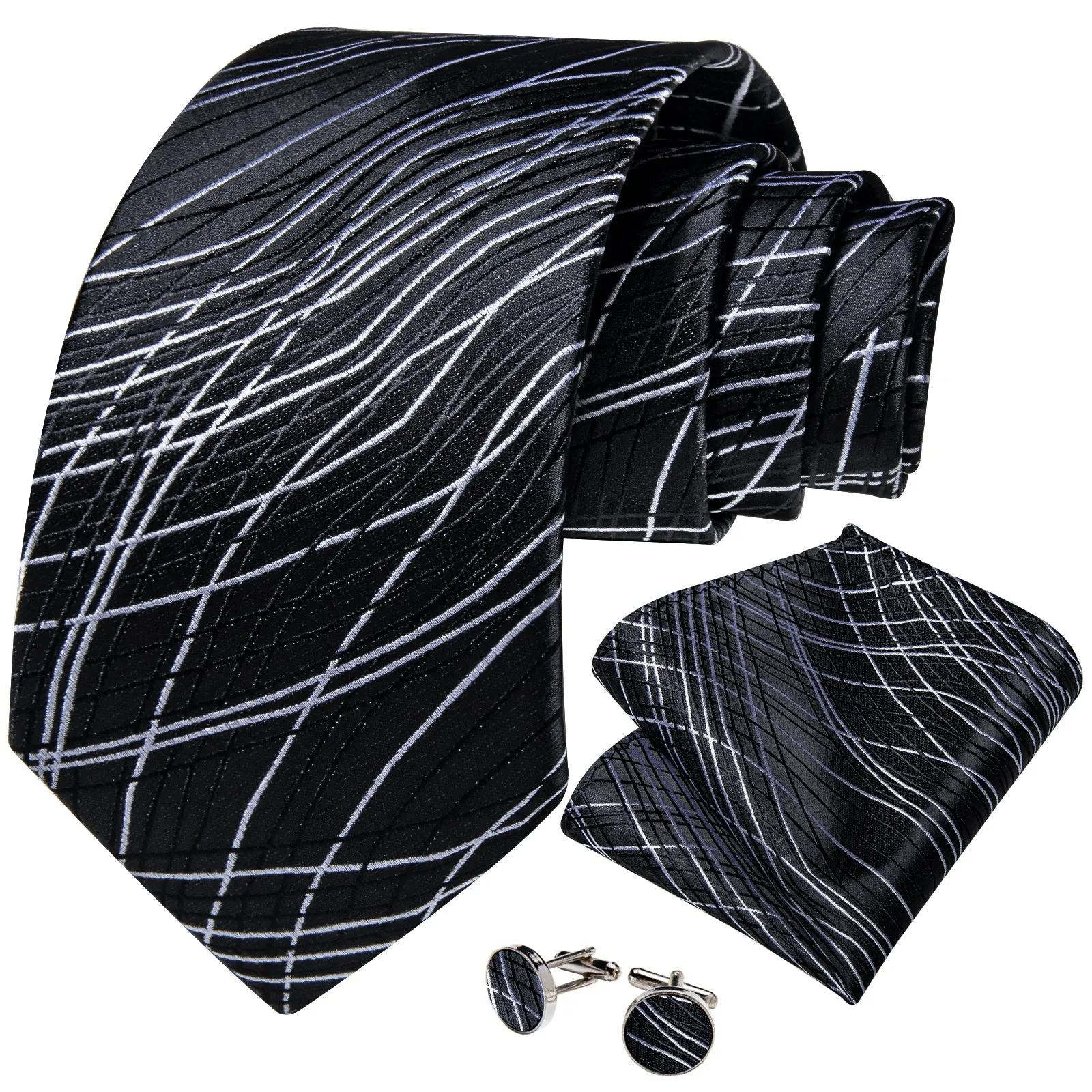 Black White Novelty Silk Men's Tie Hanky Cufflinks Set sold by Ties2You product image thumbnail 2