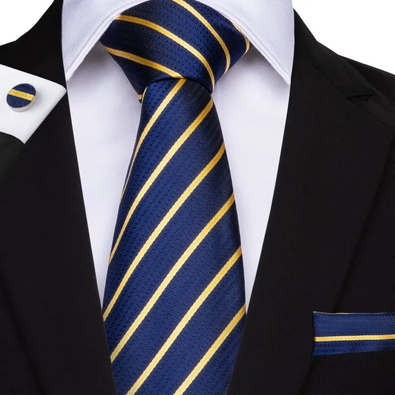 Classic Blue Golden Striped Silk Fabric Men's Tie Hanky Cufflinks Set 8cm sold by Ties2You