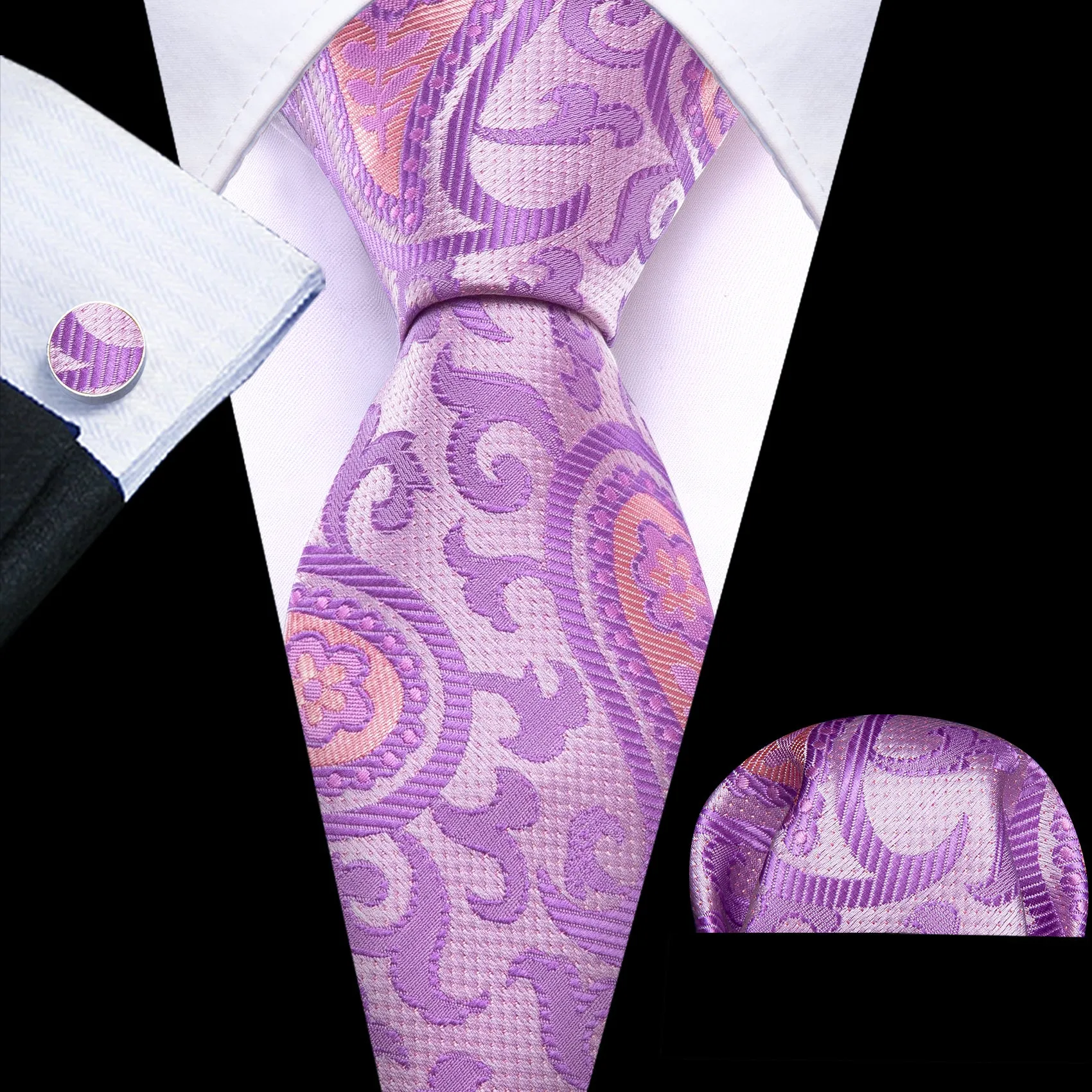 Purple Pink Floral Paisley Silk Necktie Pocket Square Cufflinks Set sold by Ties2You