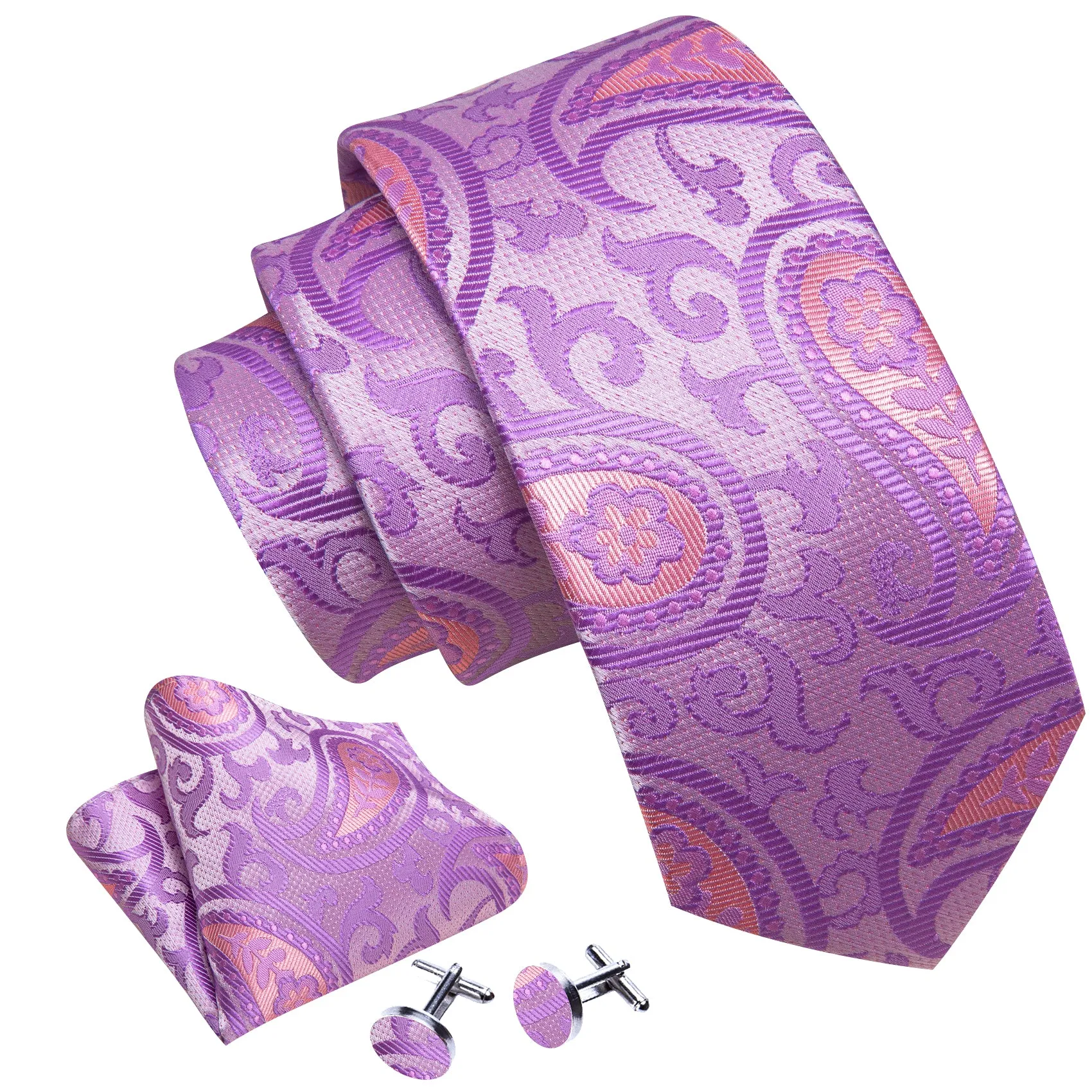 Purple Pink Floral Paisley Silk Necktie Pocket Square Cufflinks Set sold by Ties2You product image thumbnail 2