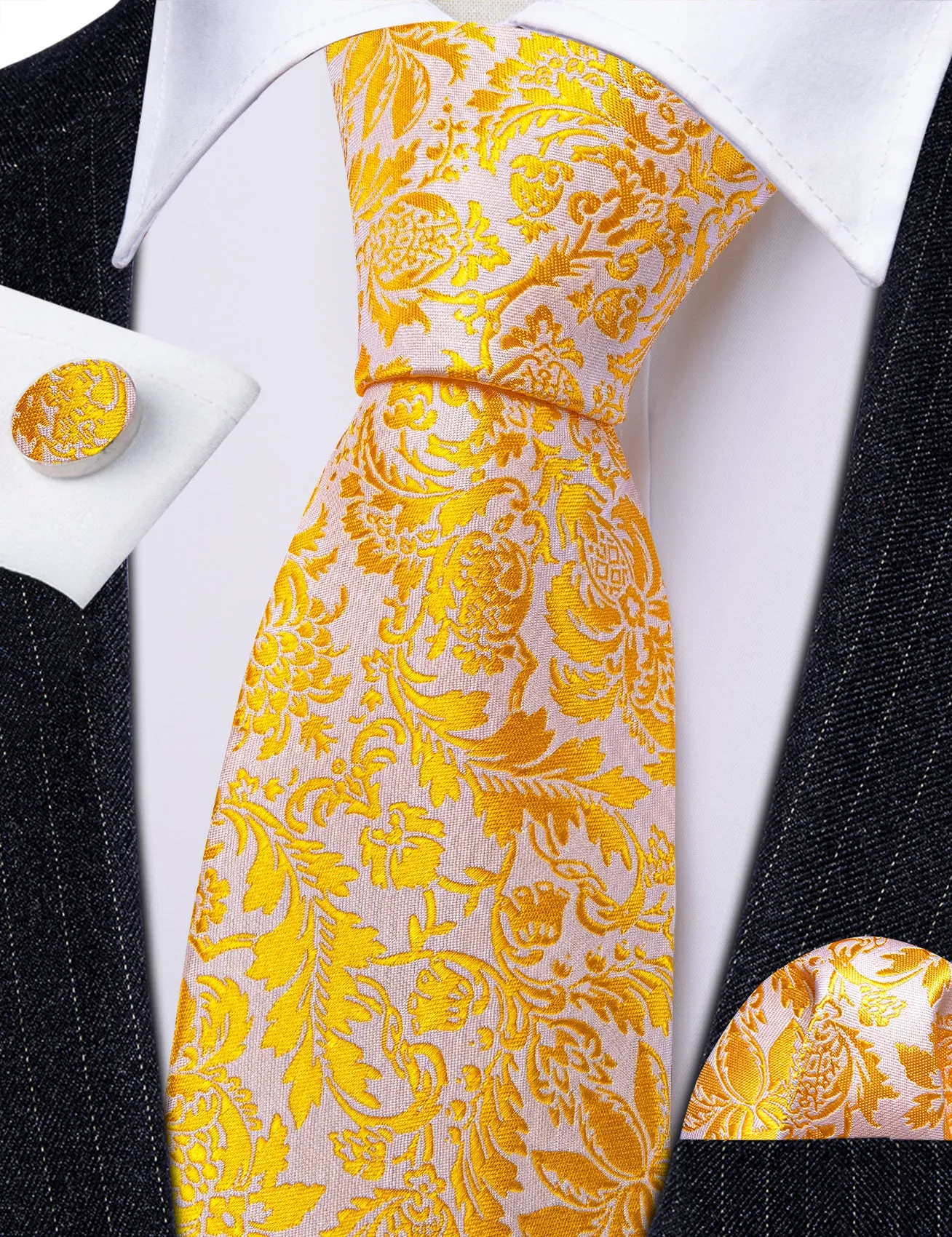 Gold White Floral Men's Necktie Hanky Cufflinks Set sold by Ties2You product image thumbnail 4
