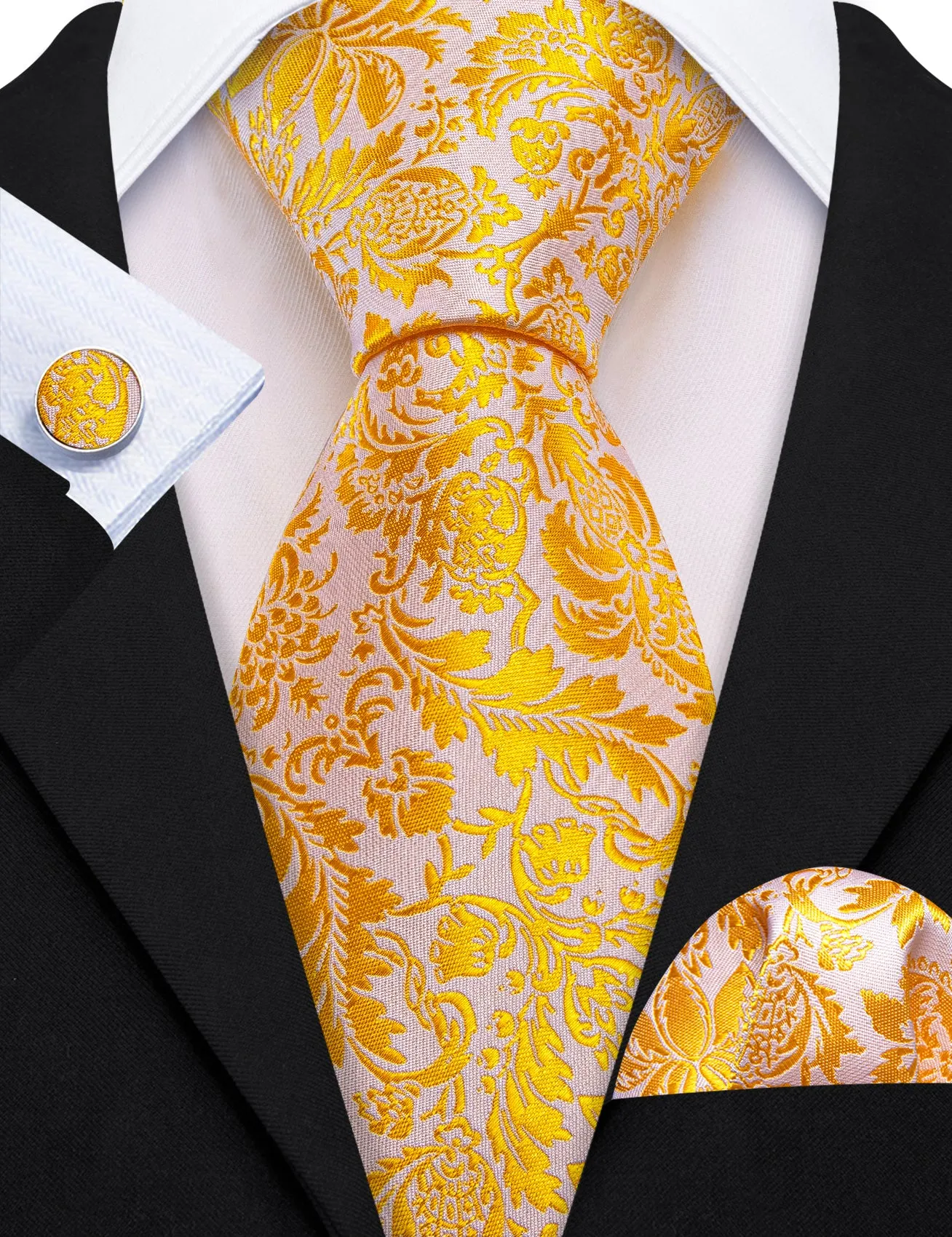 Gold White Floral Men's Necktie Hanky Cufflinks Set sold by Ties2You product image thumbnail 3