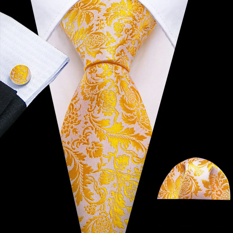 Gold White Floral Men's Necktie Hanky Cufflinks Set sold by Ties2You