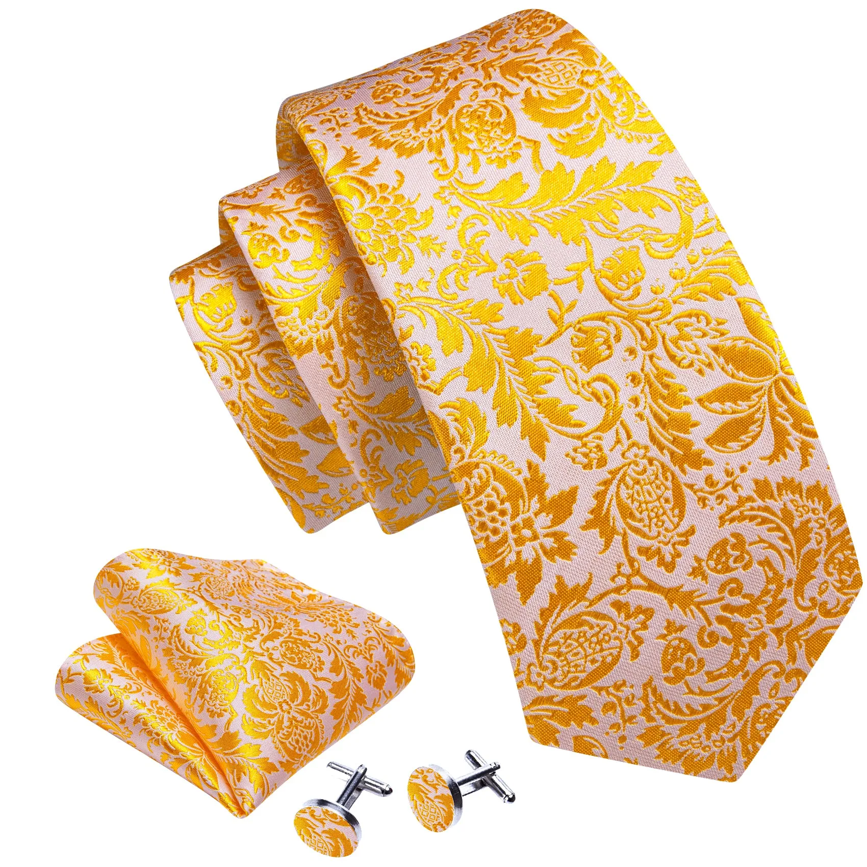Gold White Floral Men's Necktie Hanky Cufflinks Set sold by Ties2You product image thumbnail 2