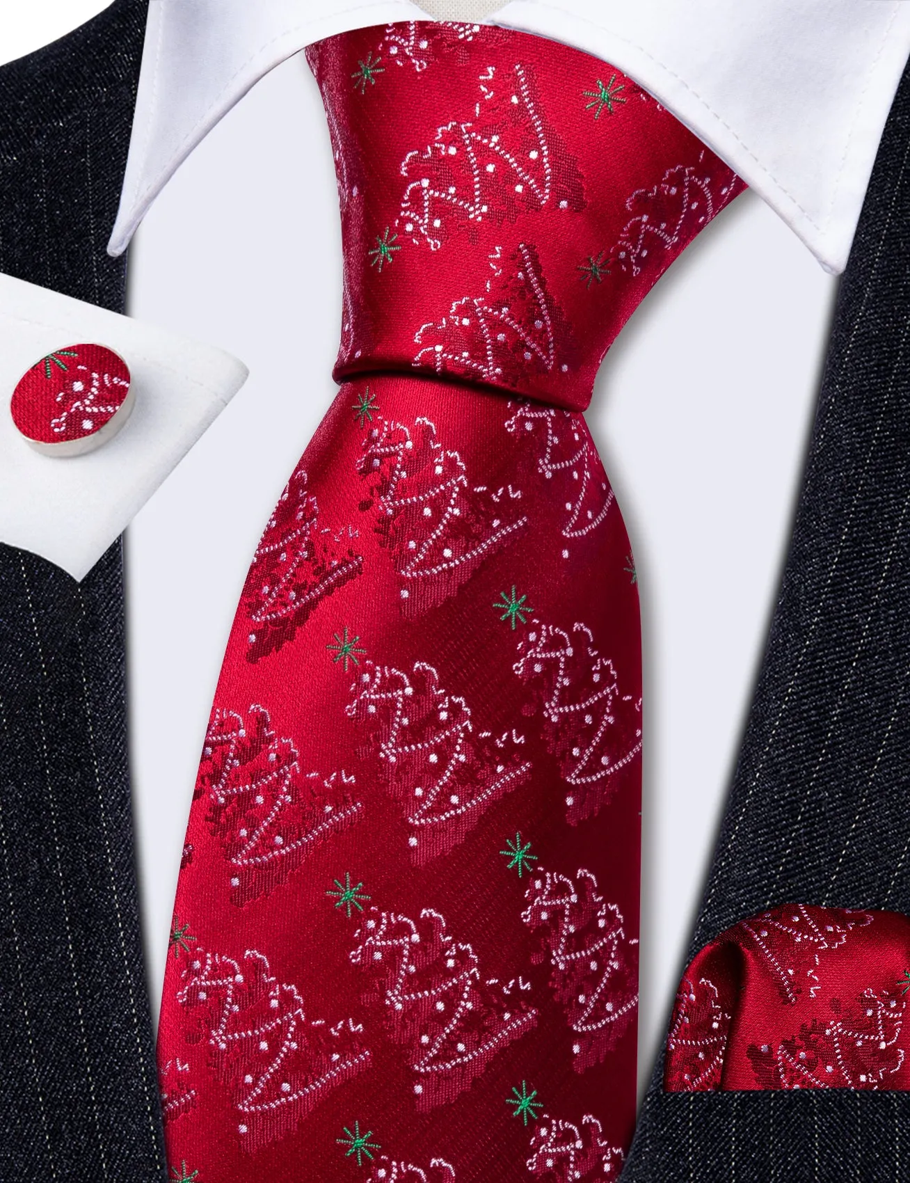 Red Snowflakes Silk Men's Necktie Pocket Square Cufflinks Set sold by Ties2You product image thumbnail 4