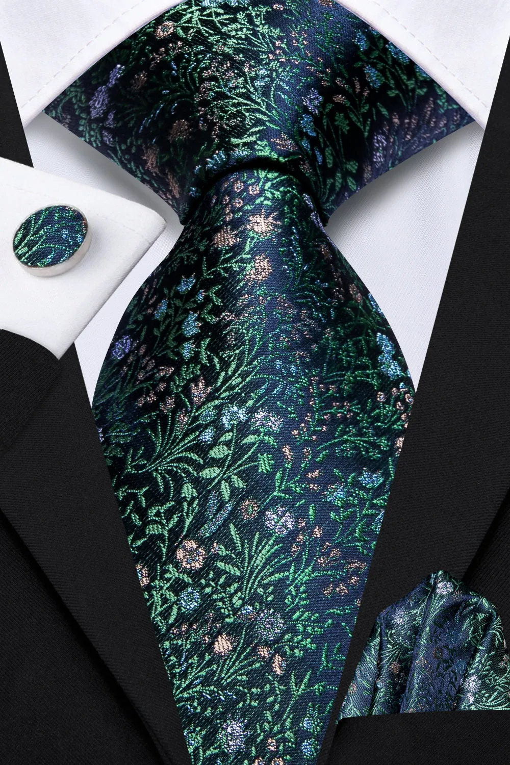 Ties2you Mens Green Floral Tie Navy Blue Wedding Silk Necktie Pocket Square Cufflinks Set sold by Ties2You product image thumbnail 2
