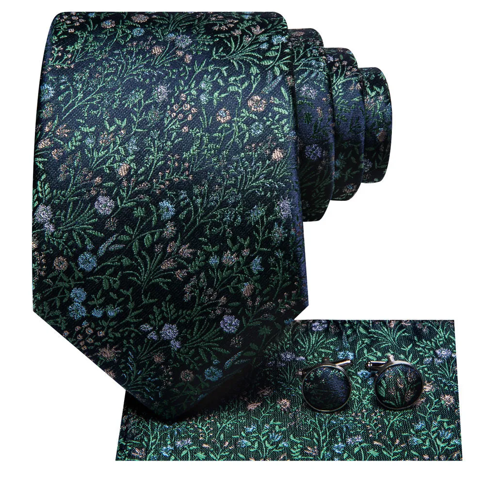 Ties2you Mens Green Floral Tie Navy Blue Wedding Silk Necktie Pocket Square Cufflinks Set sold by Ties2You product image thumbnail 4