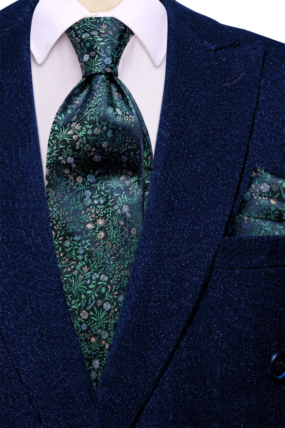 Ties2you Mens Green Floral Tie Navy Blue Wedding Silk Necktie Pocket Square Cufflinks Set sold by Ties2You product image thumbnail 3