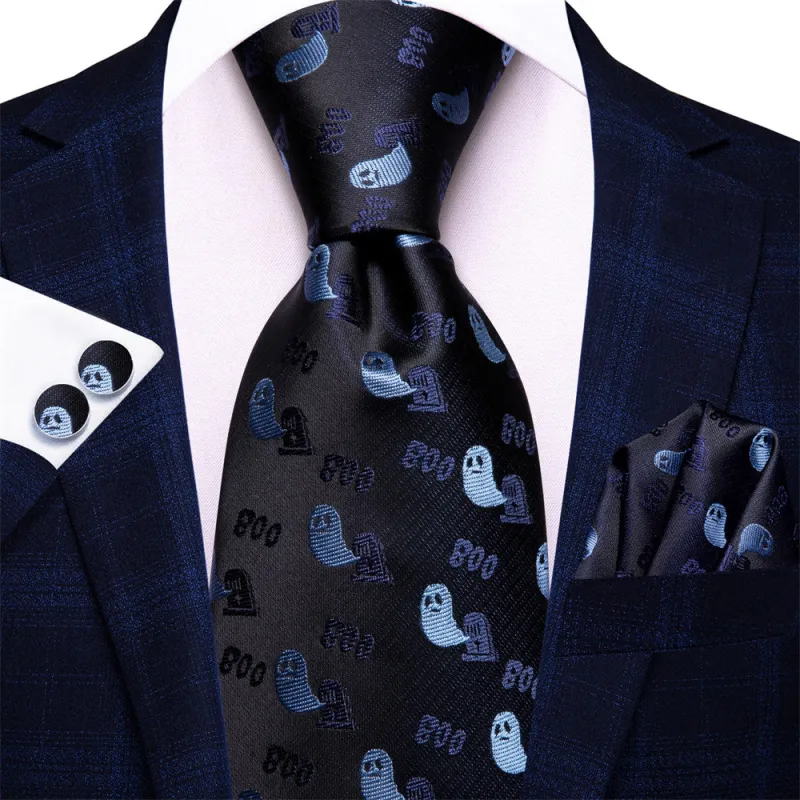 Ties2you Halloween Black Blue Ghosts Necktie Hanky Cufflinks Set sold by Ties2You