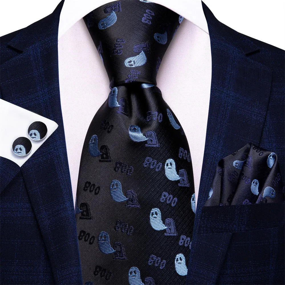 Ties2you Halloween Black Blue Ghosts Necktie Hanky Cufflinks Set sold by Ties2You