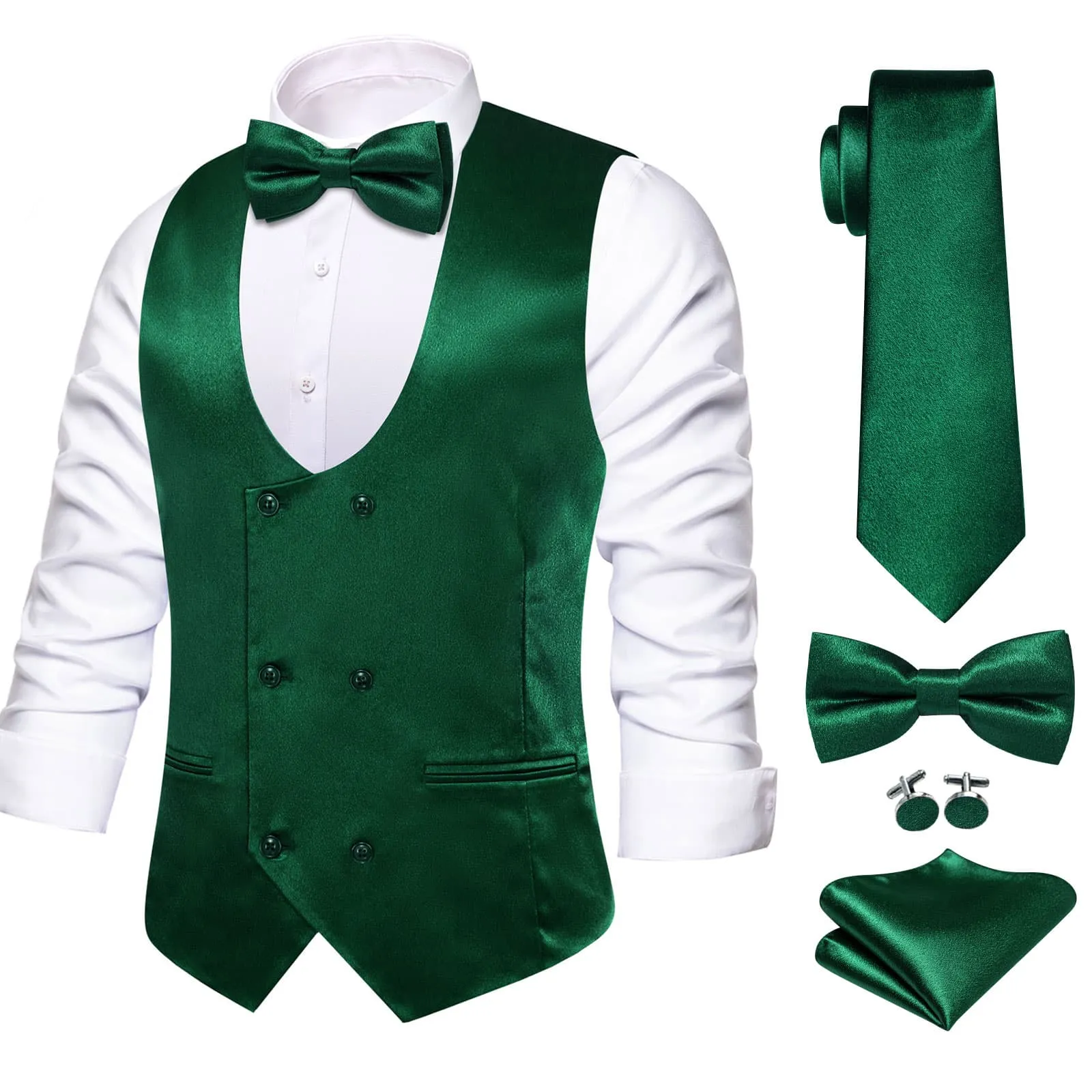 Ties2you Green Double-Breasted Suit Vest Solid Tuxedo Vest Tie Bowtie Hanky Cufflinks Set sold by Ties2You