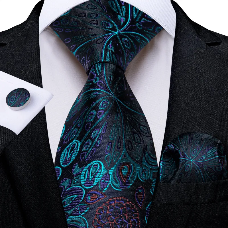 Cyan Black Paisley Silk Men's Tie Pocket Square Cufflinks Set sold by Ties2You