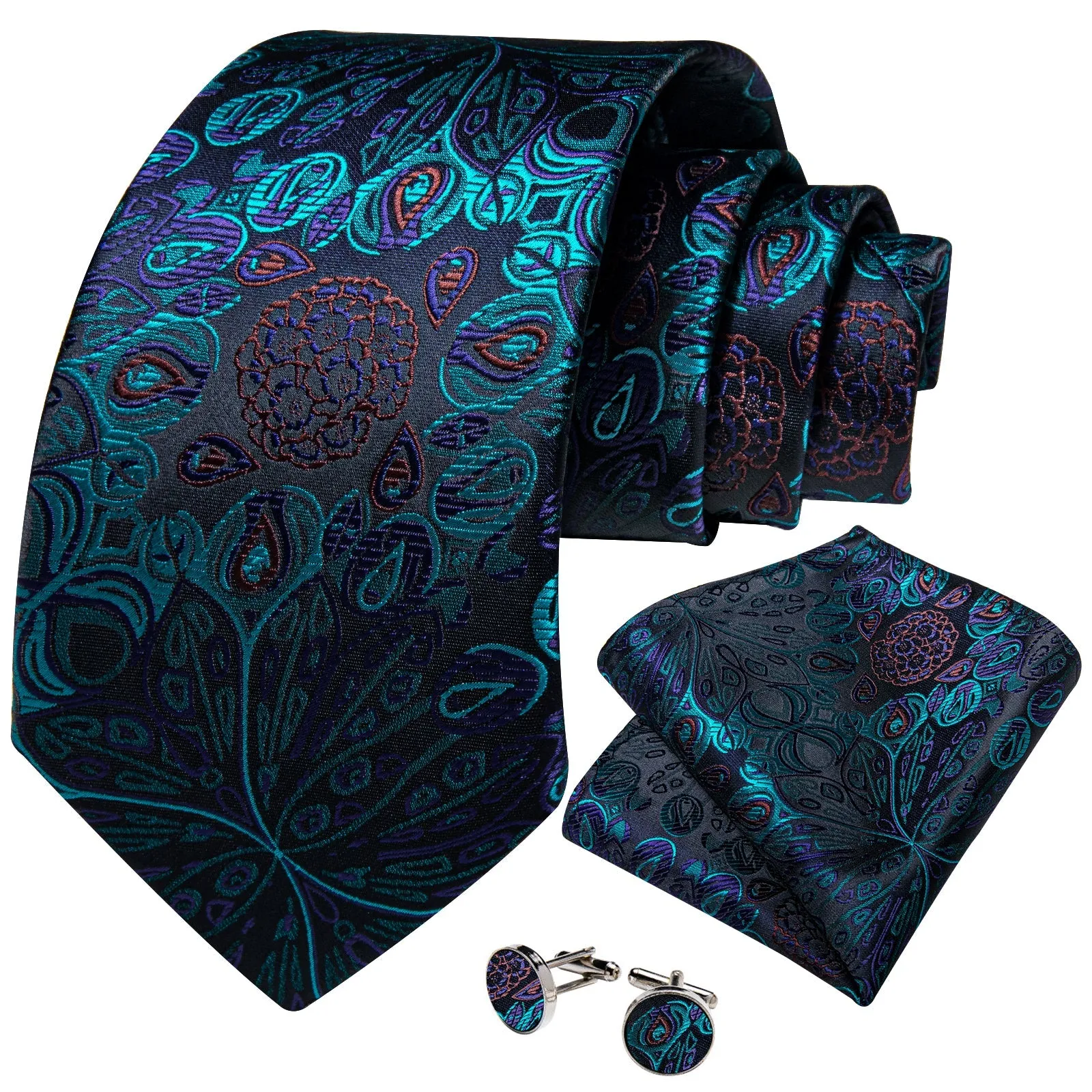 Cyan Black Paisley Silk Men's Tie Pocket Square Cufflinks Set sold by Ties2You product image thumbnail 2