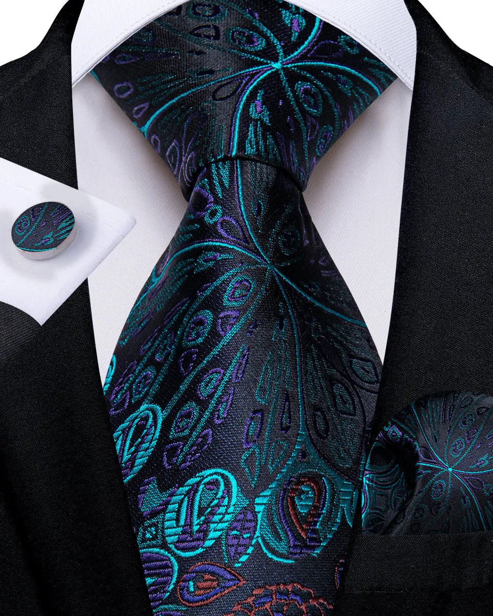 Cyan Black Paisley Silk Men's Tie Pocket Square Cufflinks Set sold by Ties2You product image thumbnail 3