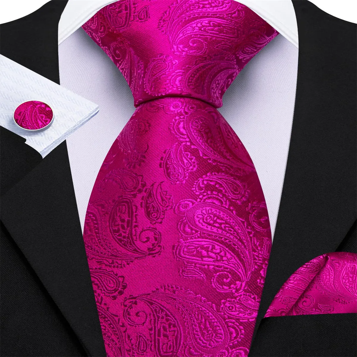 Ties2you Tuxedo Tie Magenta Pink Paisley Silk Mens Tie Pocket Square Cufflinks Set sold by Ties2You product image thumbnail 5