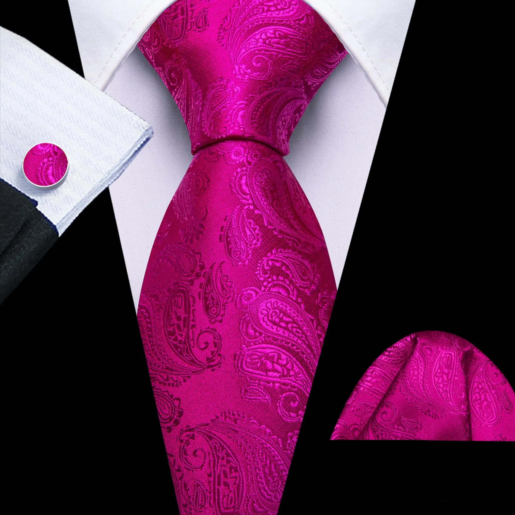 Ties2you Tuxedo Tie Magenta Pink Paisley Silk Mens Tie Pocket Square Cufflinks Set sold by Ties2You