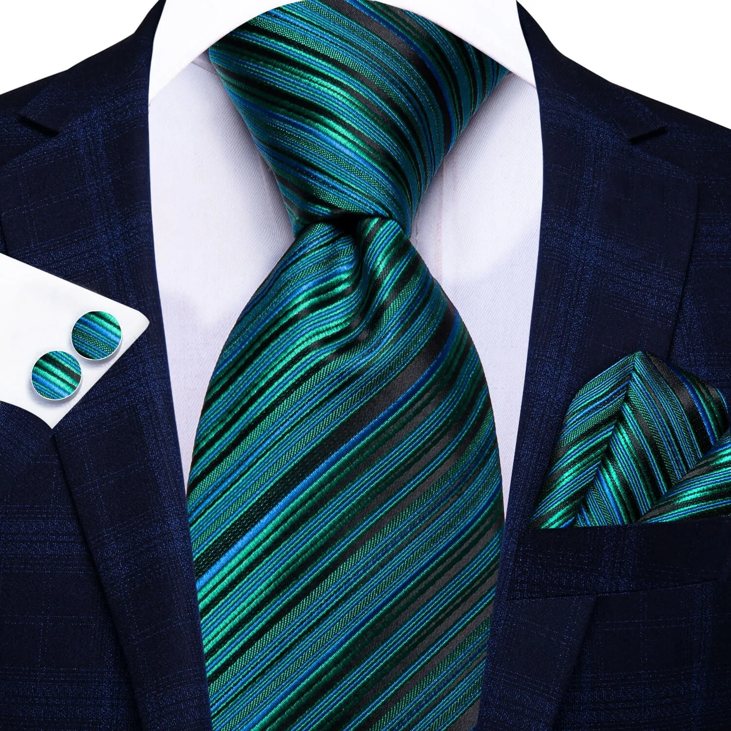 Ties2you Striped Tie Black Green Blue Silk Men's Tie Hanky Cufflinks Set sold by Ties2You product image thumbnail 2