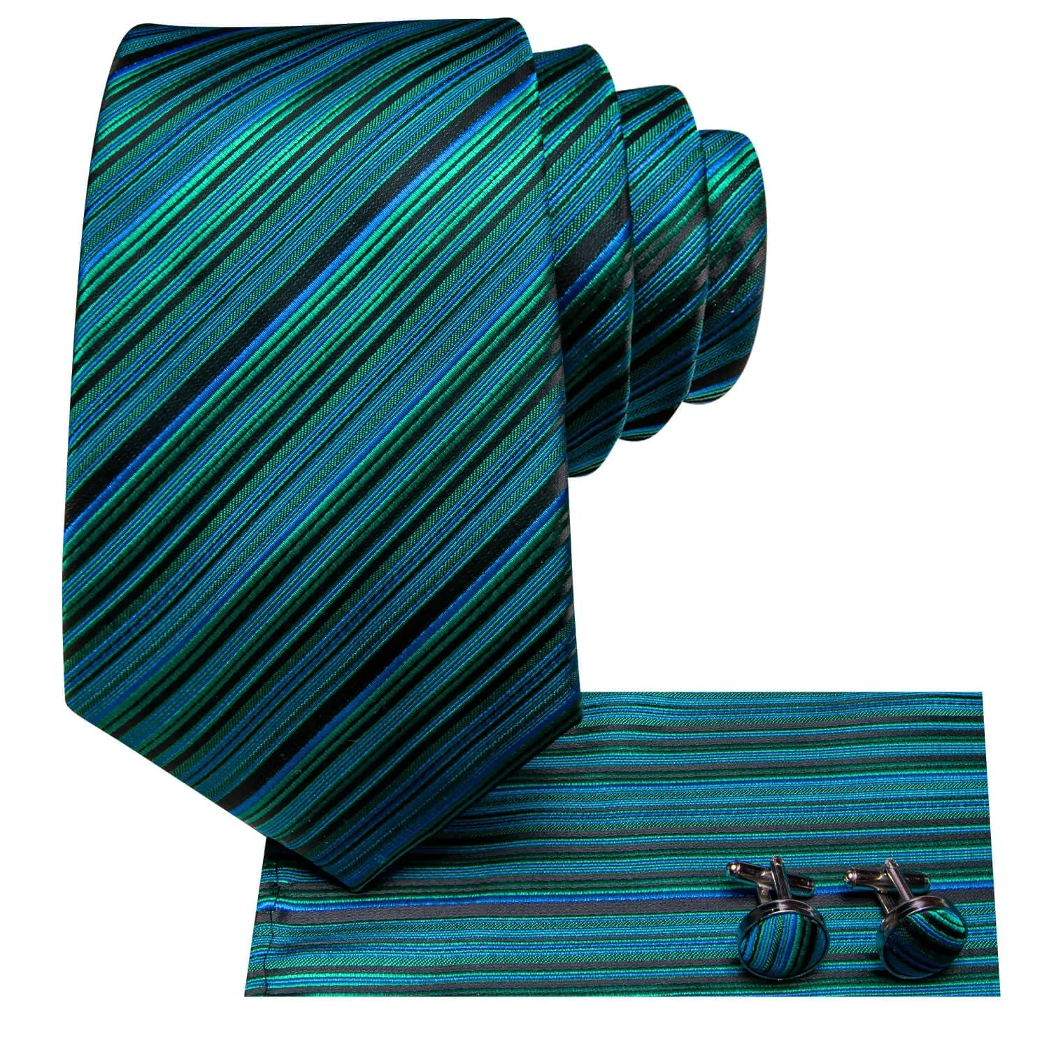 Ties2you Striped Tie Black Green Blue Silk Men's Tie Hanky Cufflinks Set sold by Ties2You product image thumbnail 3