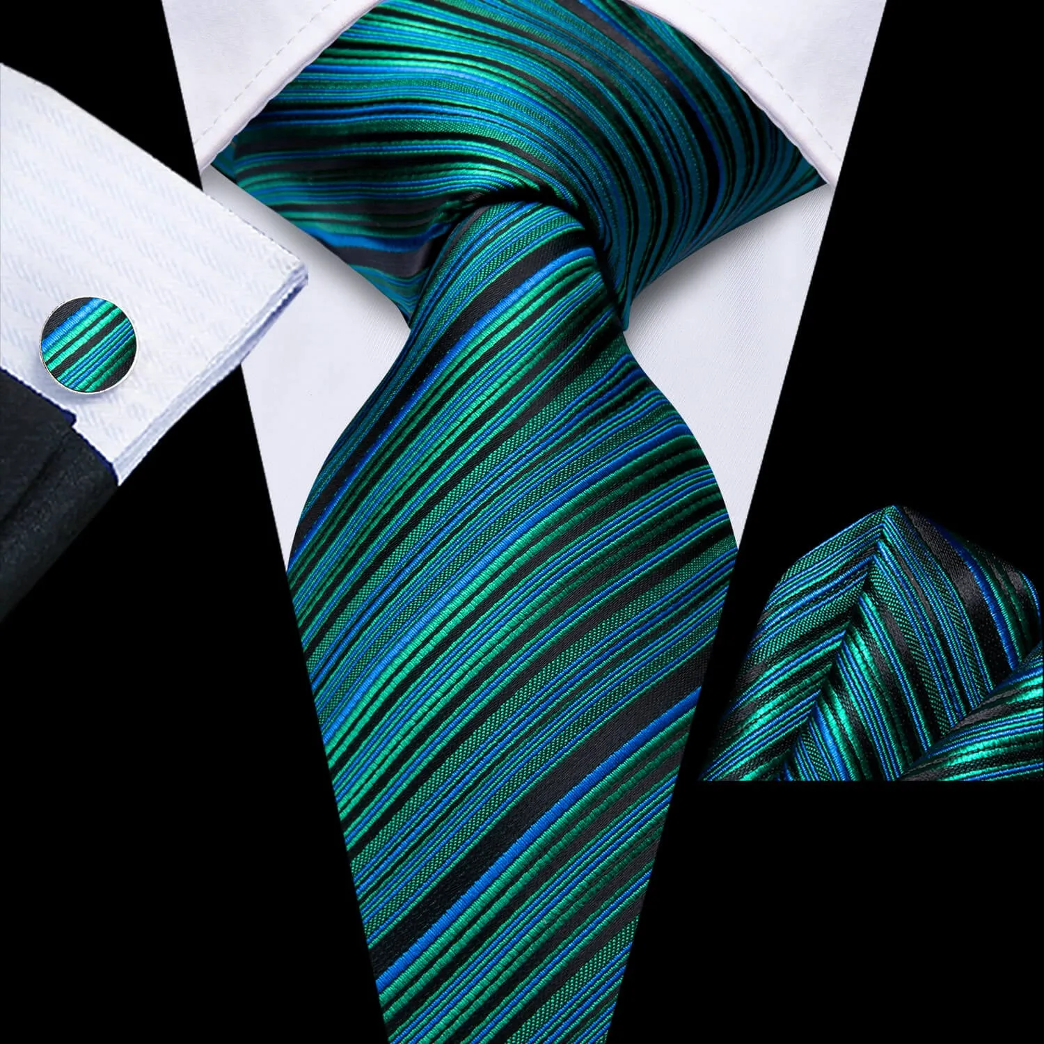 Ties2you Striped Tie Black Green Blue Silk Men's Tie Hanky Cufflinks Set sold by Ties2You