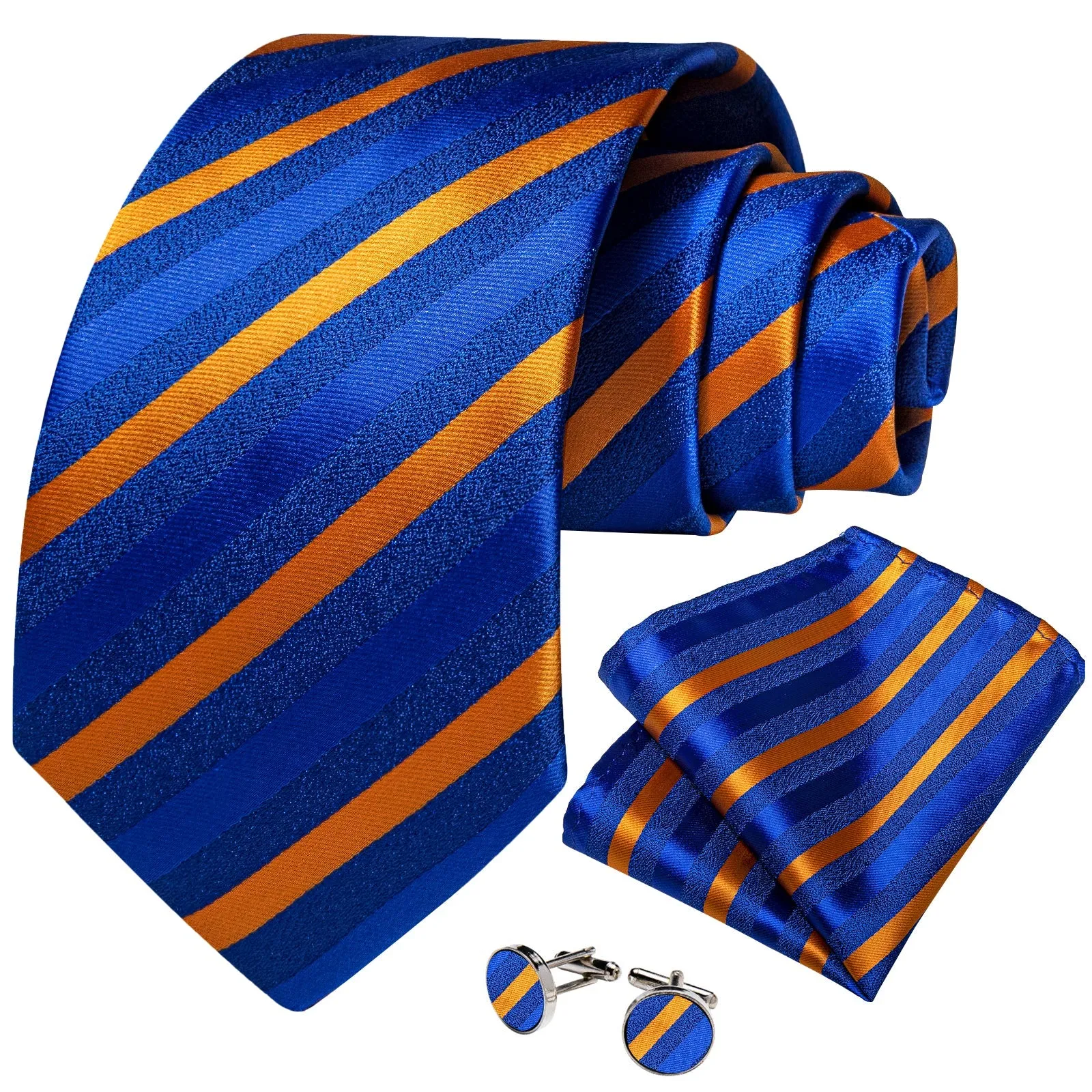Blue Orange Striped Silk Men's Necktie Pocket Square Cufflinks Set sold by Ties2You product image thumbnail 2