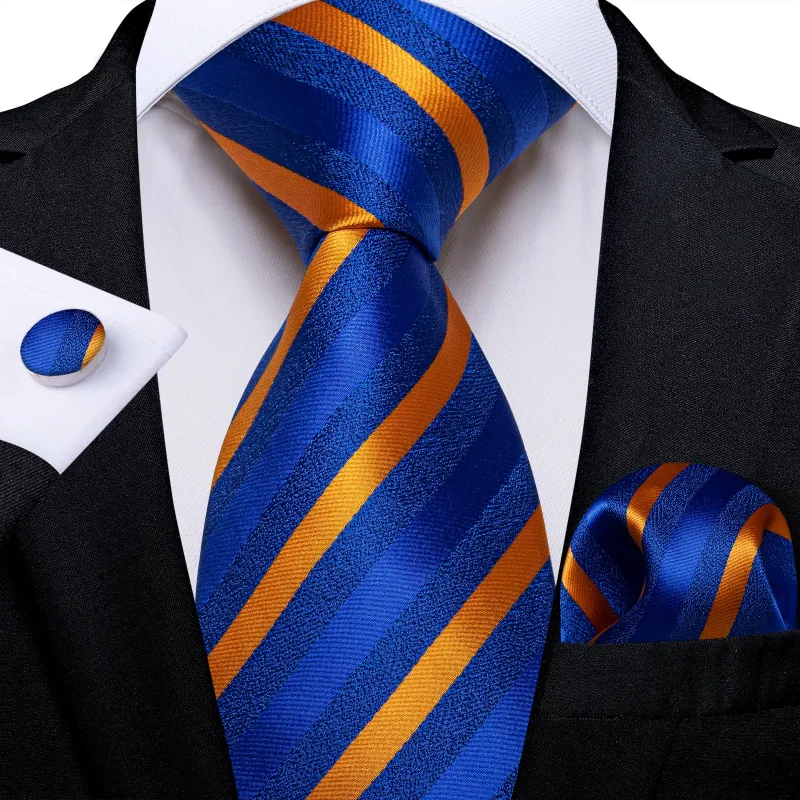 Blue Orange Striped Silk Men's Necktie Pocket Square Cufflinks Set sold by Ties2You