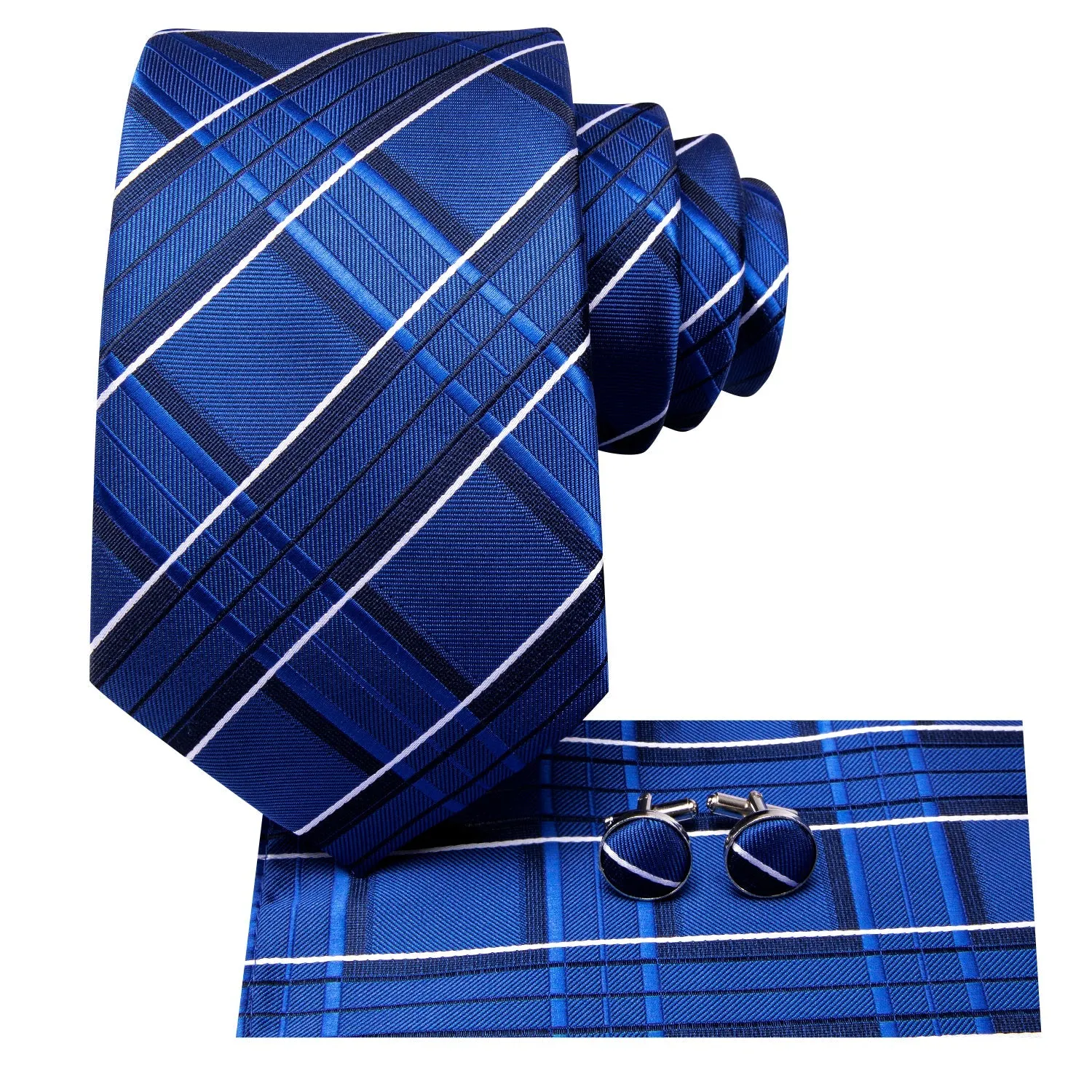 Ties2you Silk Blue Tie Plaid Silk Mens Necktie Pocket Square Cufflinks Set sold by Ties2You product image thumbnail 3