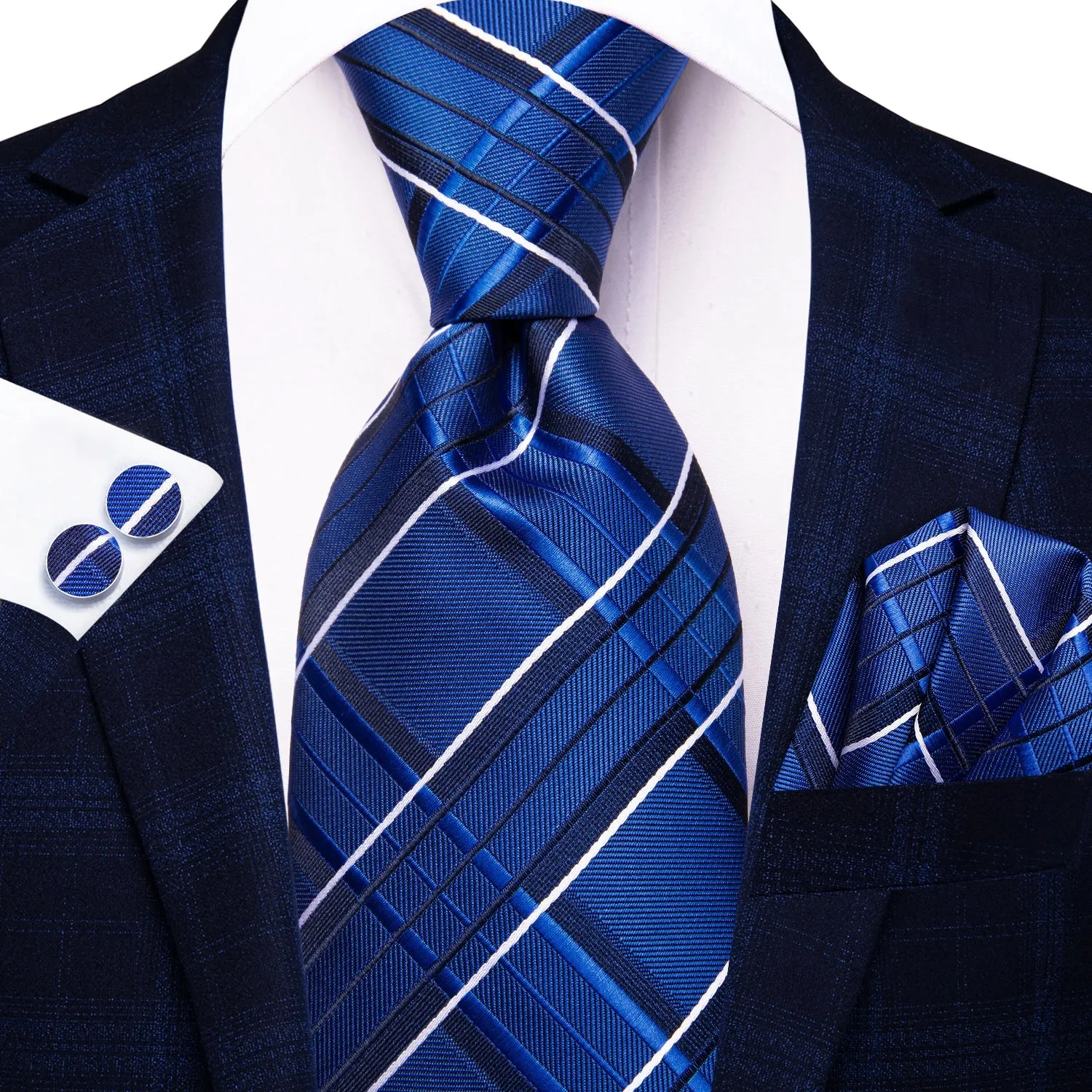 Ties2you Silk Blue Tie Plaid Silk Mens Necktie Pocket Square Cufflinks Set sold by Ties2You product image thumbnail 2