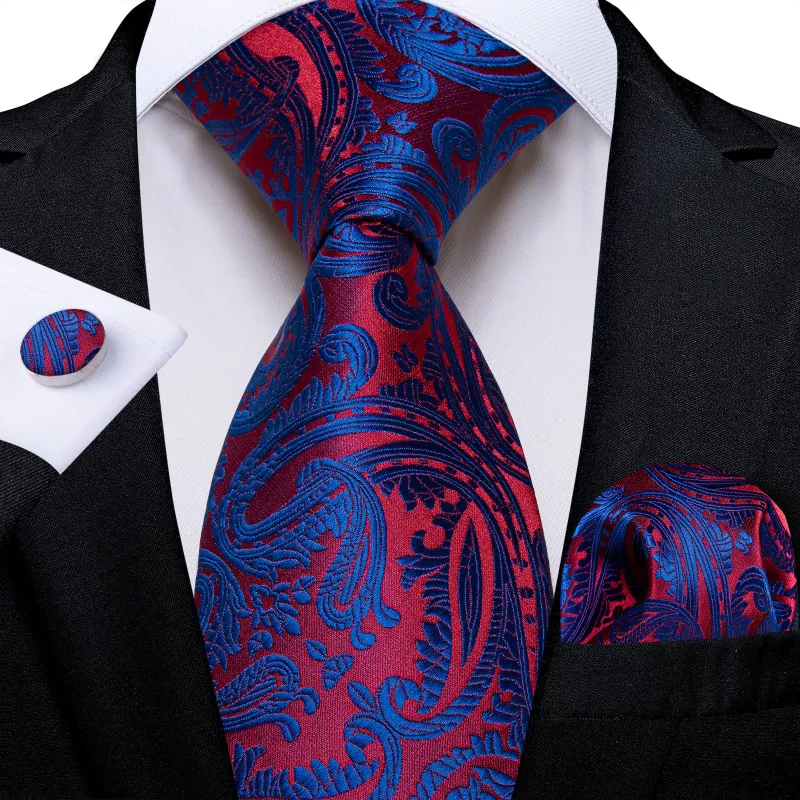 Blue Red Paisley Men's Necktie Pocket Square Cufflinks Set sold by Ties2You