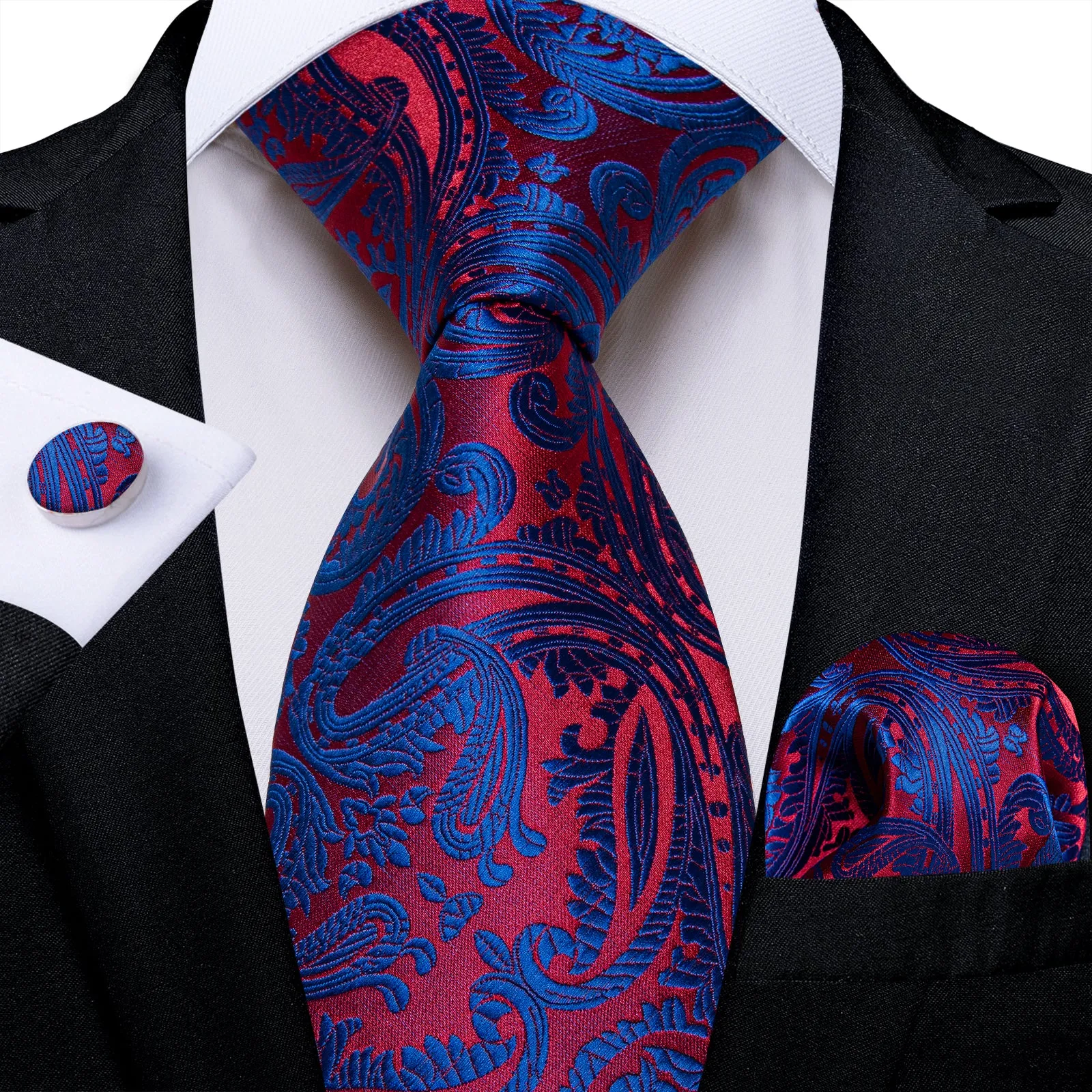 Blue Red Paisley Men's Necktie Pocket Square Cufflinks Set sold by Ties2You